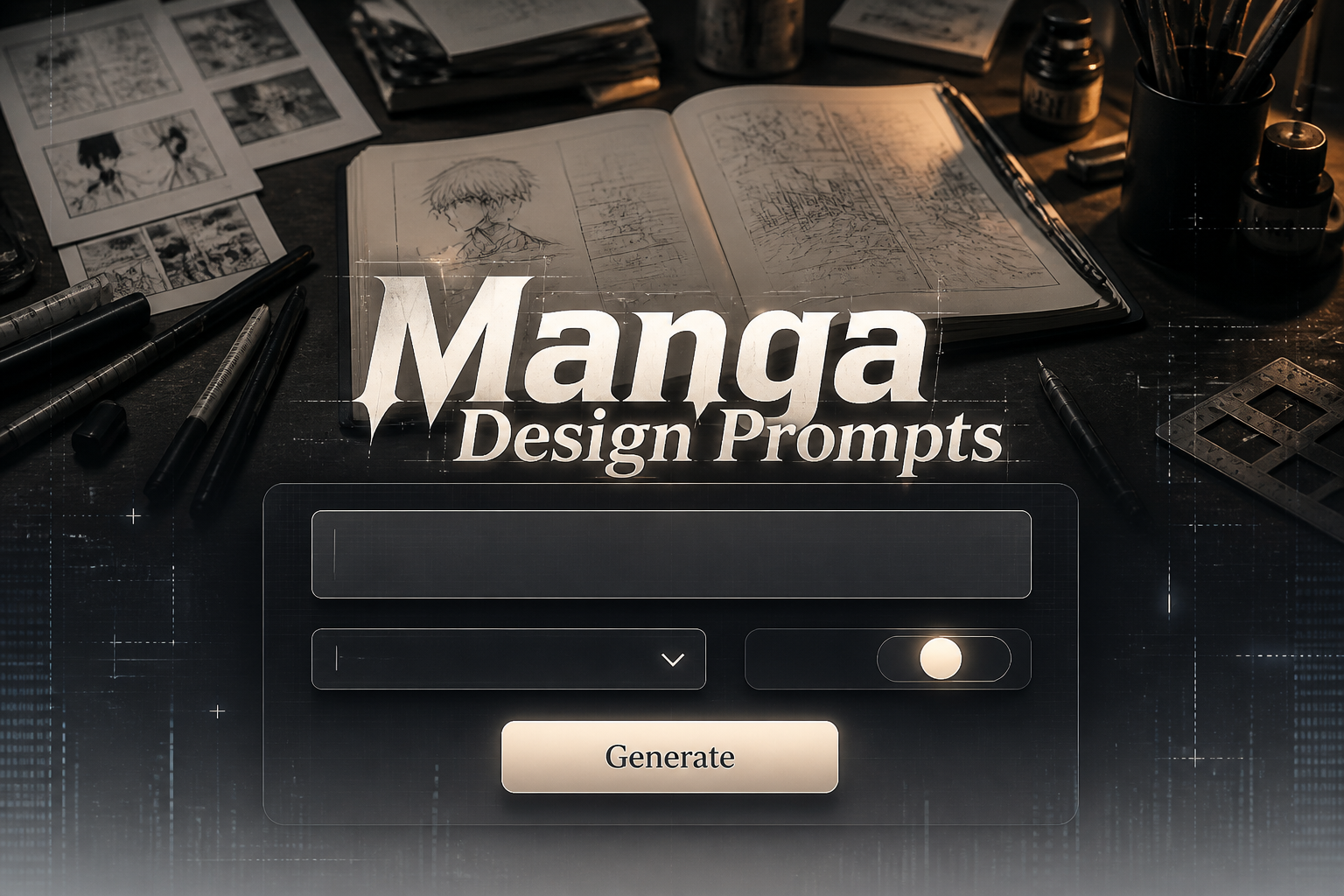 Centered manga design prompts hero graphic with a manga-style title, prompt field, style dropdown, detail toggle, and Generate button over an artist desk scene, ideal for manga design prompts tool and manga prompt generator users.