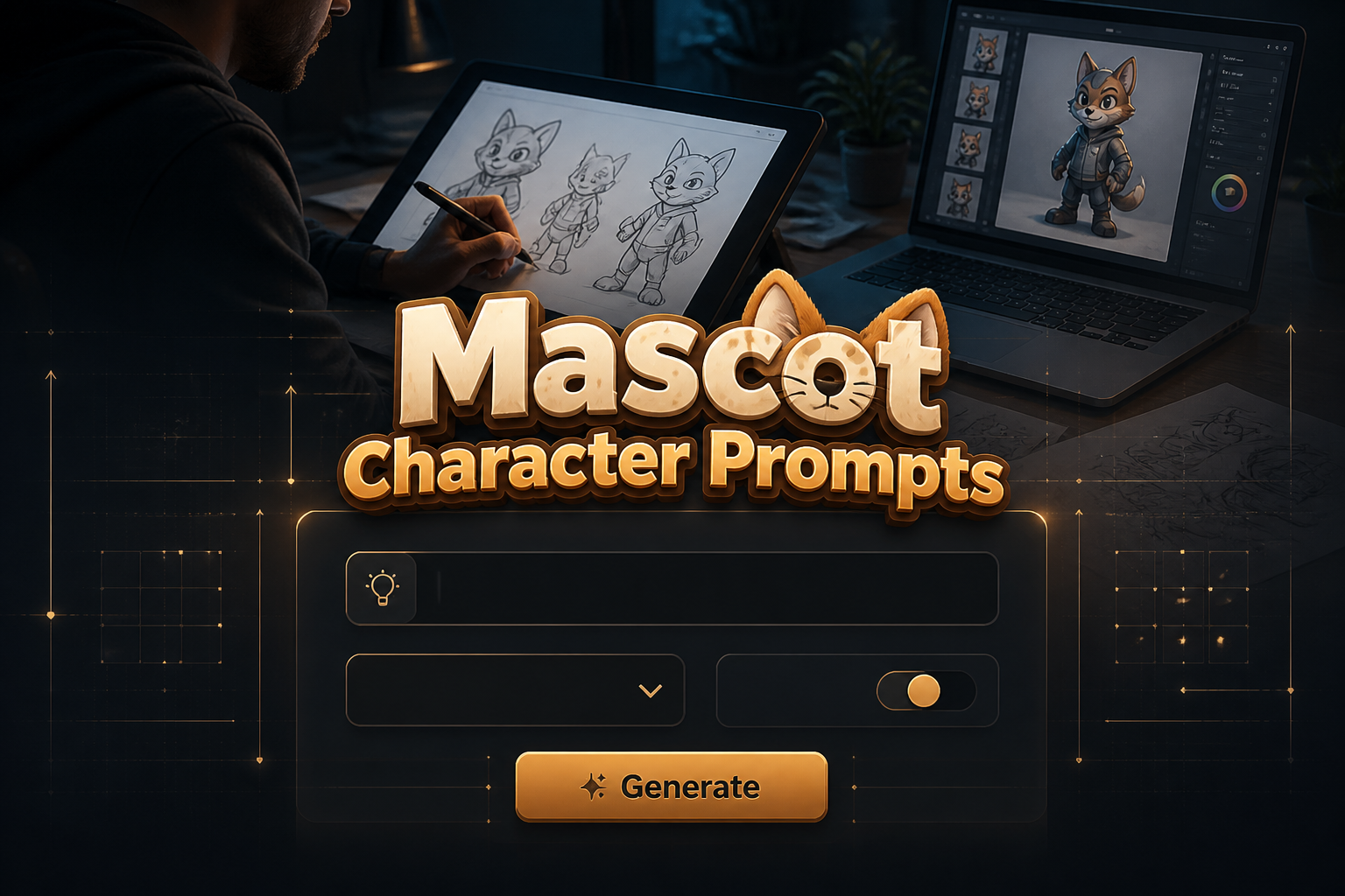 Centered hero graphic for mascot character prompts, with a "Mascot Character Prompts" title, a character idea input field, dropdown, toggle, and Generate button over a designer sketching mascot concepts on tablet and laptop in a sleek modern UI.