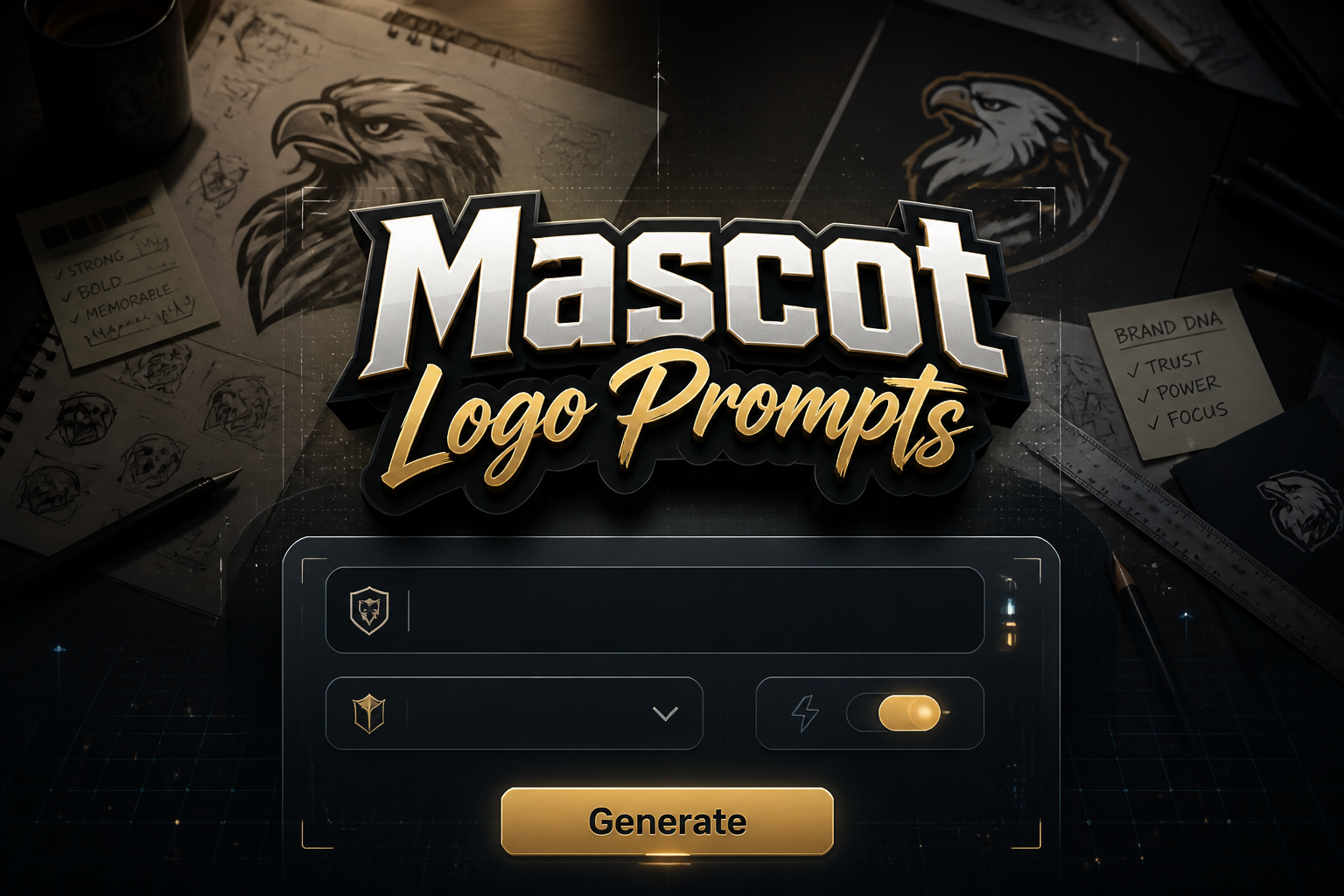 Centered hero graphic for a mascot logo prompts tool showing a polished UI panel with a mascot concept input, style direction dropdown, character energy toggle, and Generate button, over a designer workspace with sketches and notes.