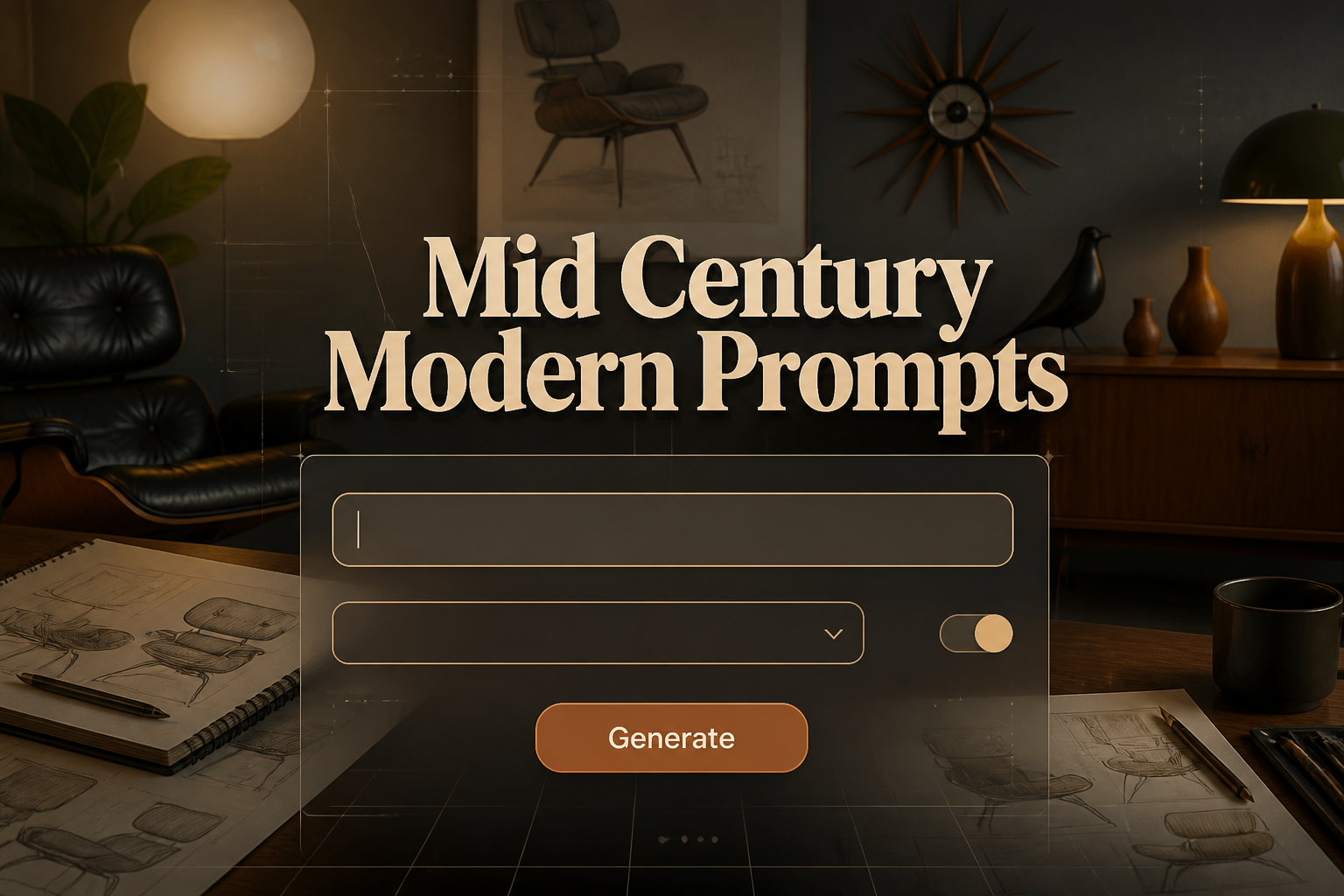 Mid Century Modern Prompts hero image shows a polished UI panel over a designer workspace with sketchbooks and mid-century objects, featuring prompt keyword input, style preset dropdown, refinement toggle, and a Generate button for mid century modern prompt ideas.