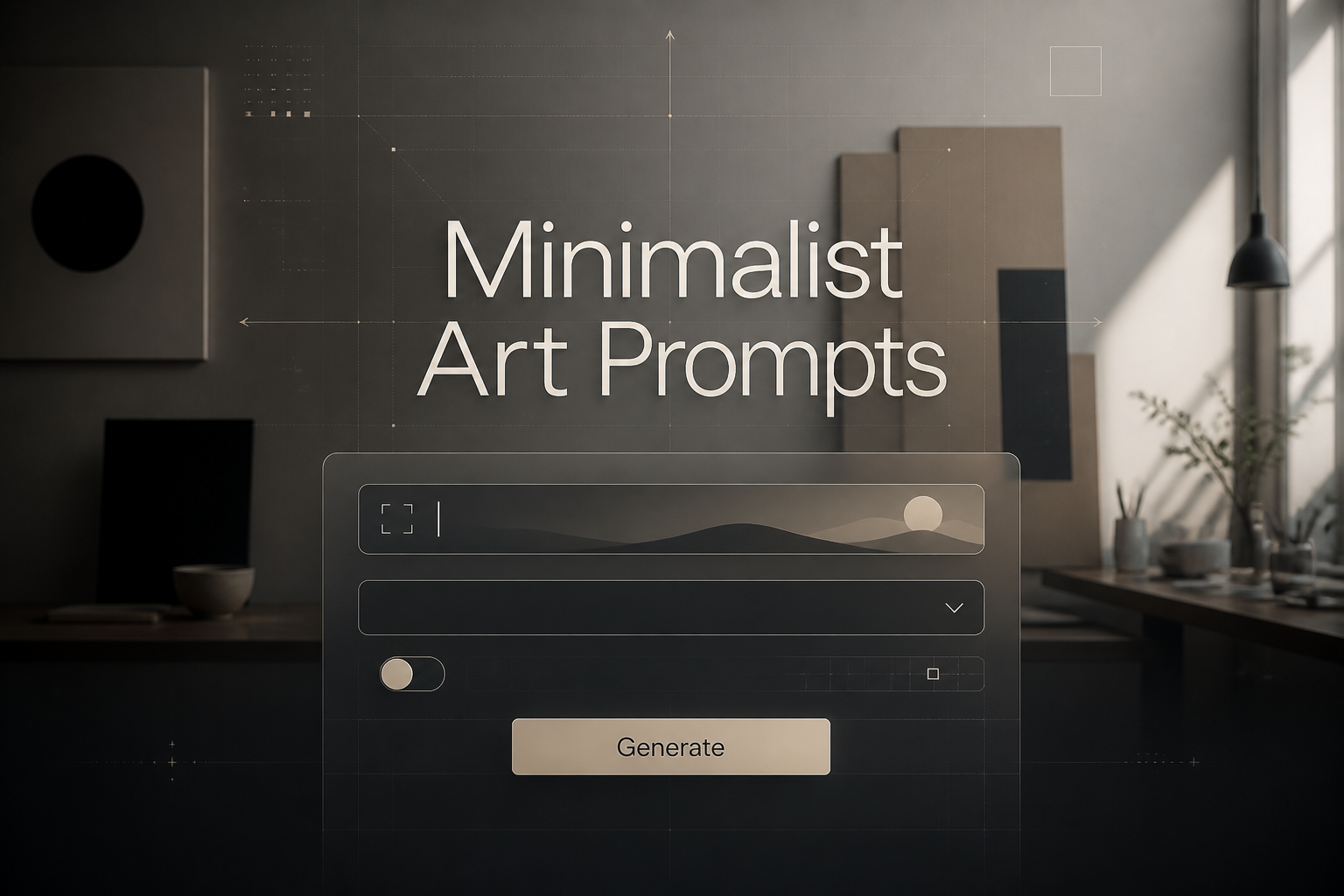 Minimalist Art Prompts title sits on a sleek centered UI panel with one prompt field, a blank dropdown, a small toggle, and a Generate button, set over a refined studio-style background for minimalist art prompt ideas and minimalist prompt generator use.
