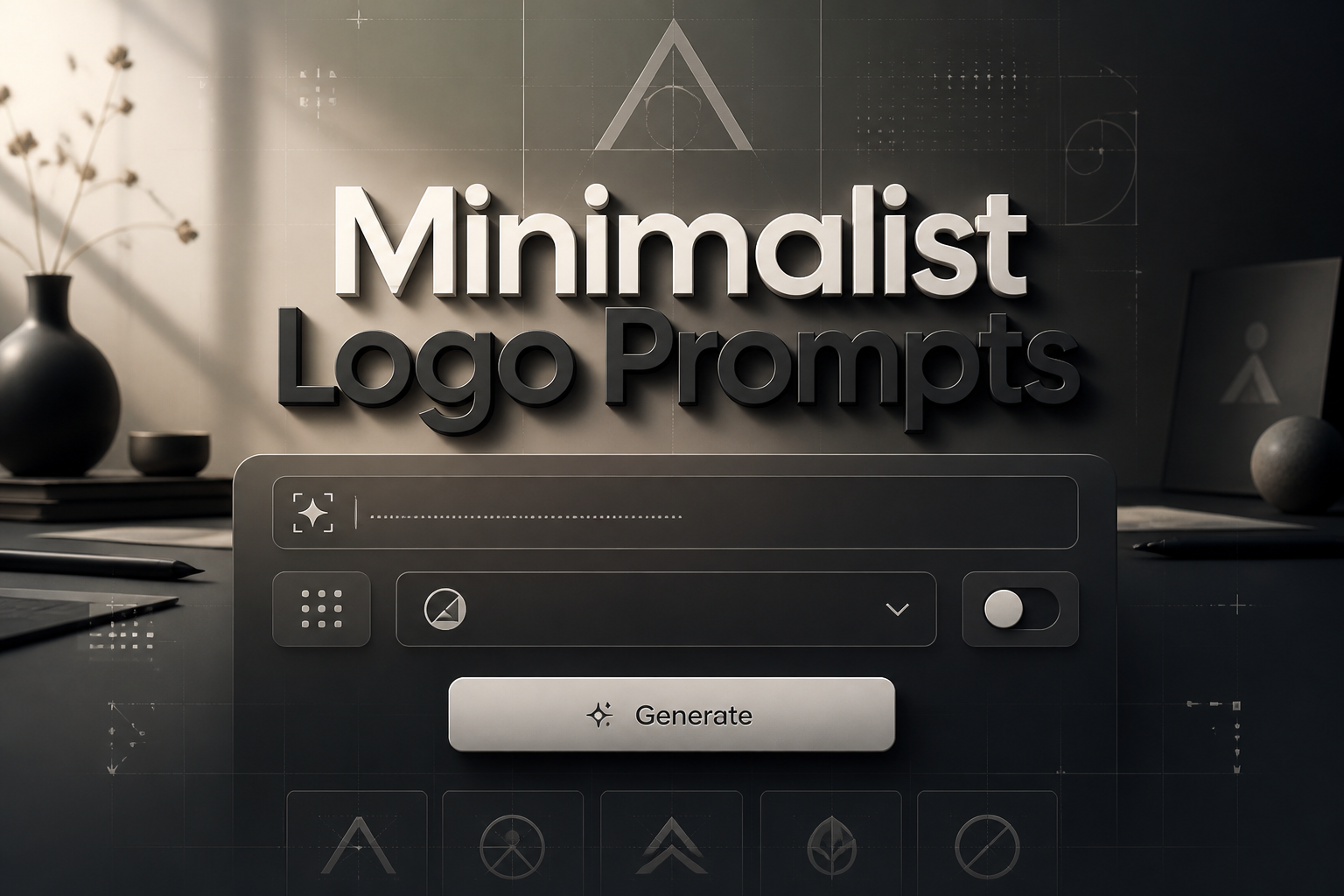 Centered minimalist hero UI for a minimalist logo prompts tool, showing the "Minimalist Logo Prompts" title with deep black shadow, a logo concept input, style direction dropdown, complexity toggle, and Generate button over a sleek dark grid background.