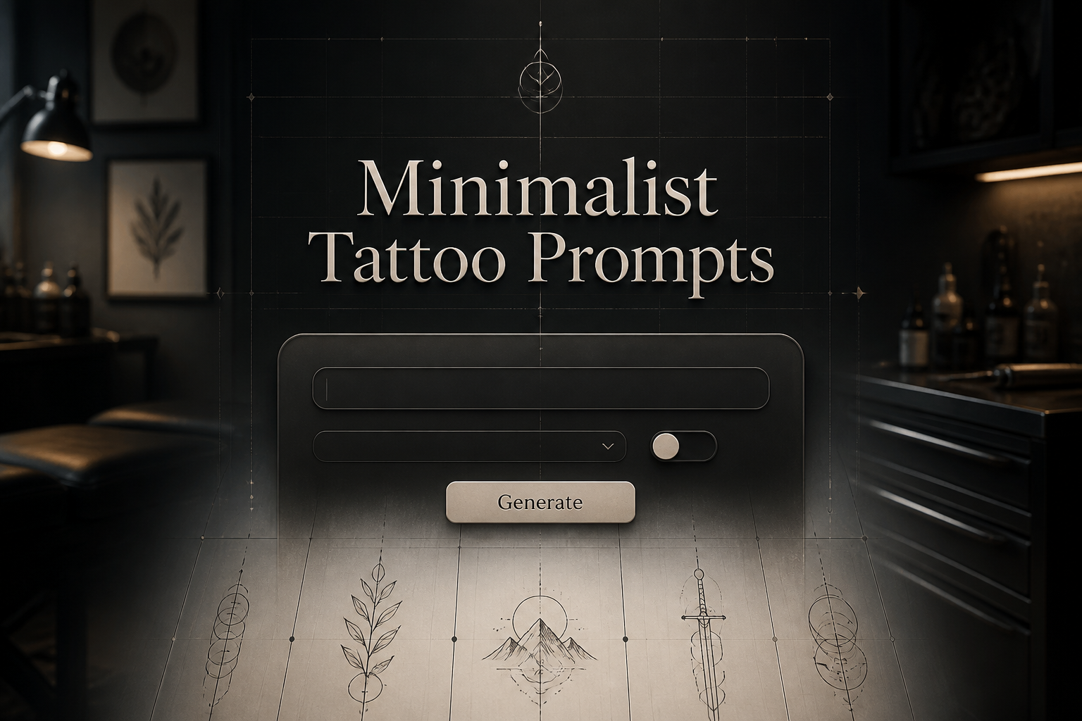 Minimalist Tattoo Prompts headline in a sleek centered UI panel with a prompt input field, clean dropdown, style toggle, and Generate button, set over a refined tattoo studio backdrop with subtle grid details and tattoo design prompt inspiration.