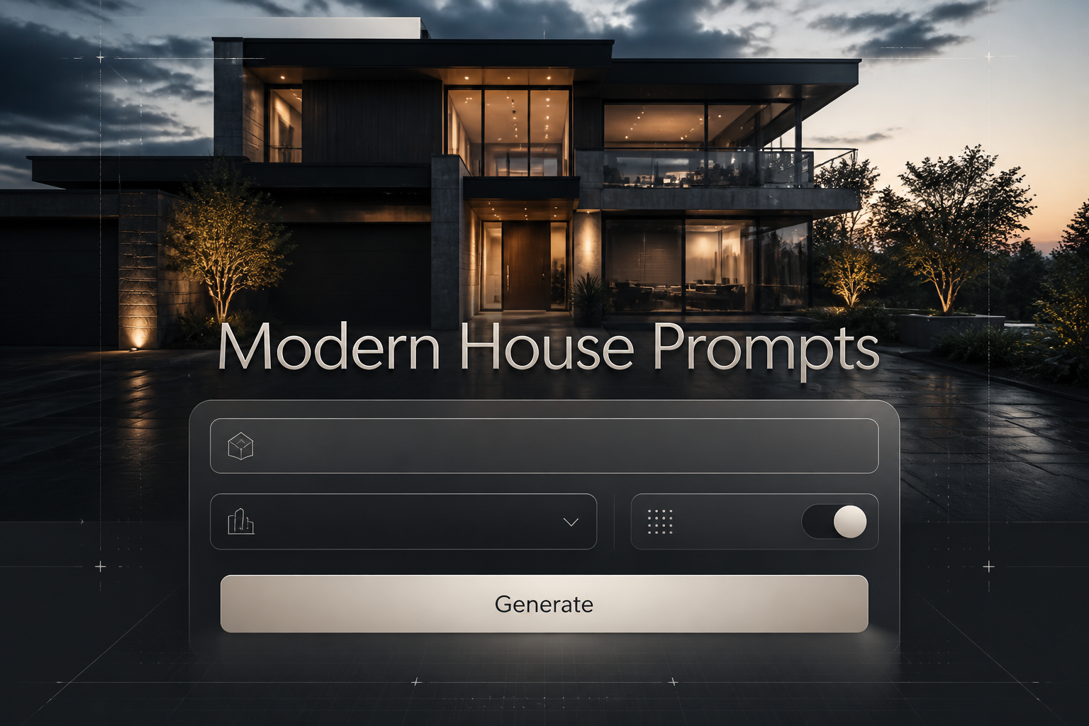 Centered hero graphic for Modern House Prompts with a polished UI panel over a modern house exterior, showing a house style prompt field, architecture style dropdown, detail level toggle, and Generate button for modern house prompt generator tools.