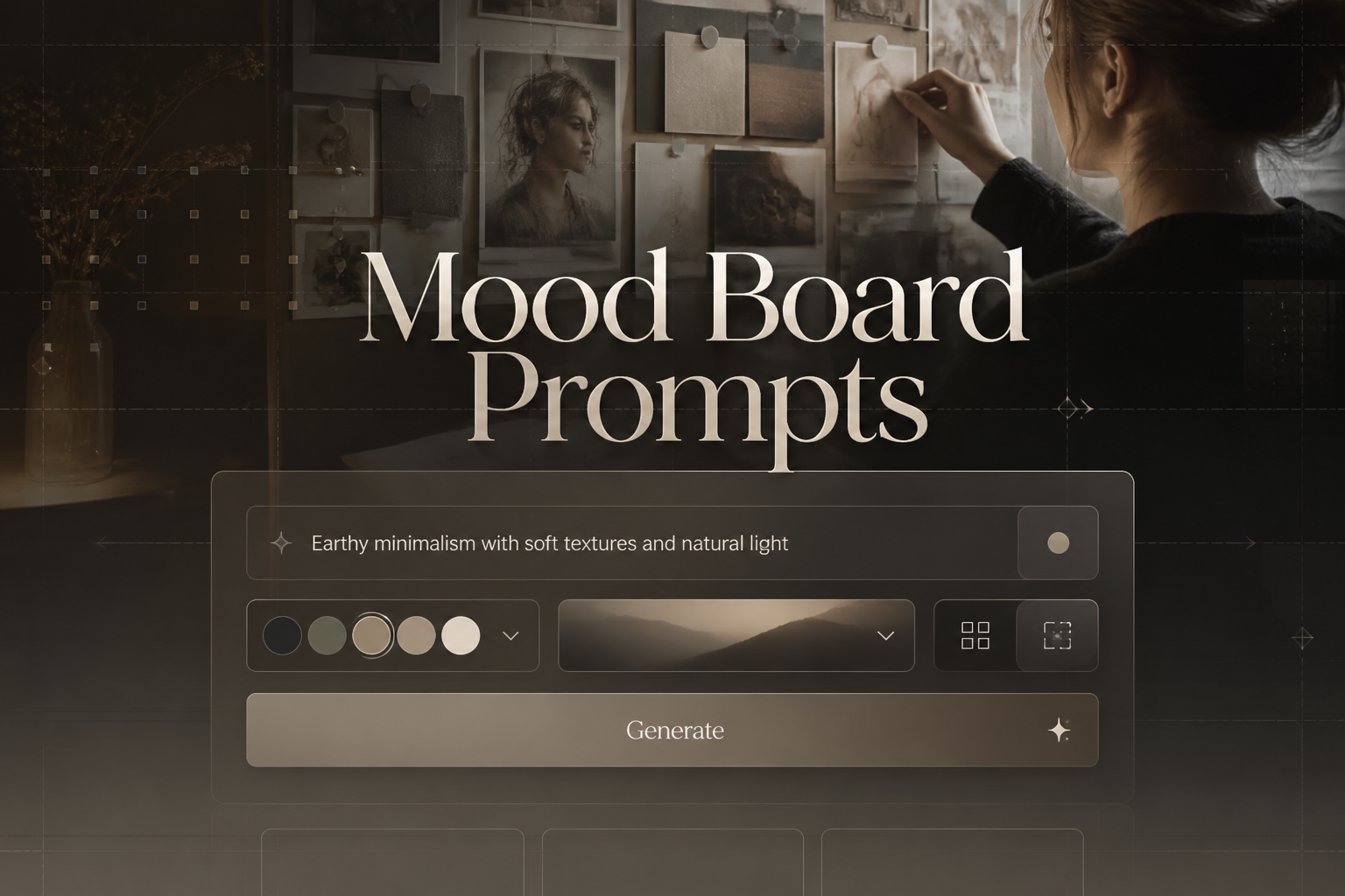 Centered hero banner for a mood board prompts tool with "Mood Board Prompts" over a sleek UI panel, prompt field, mood selector, style toggle, and Generate button, plus a designer reference-cards scene in the background for mood board prompt ideas.