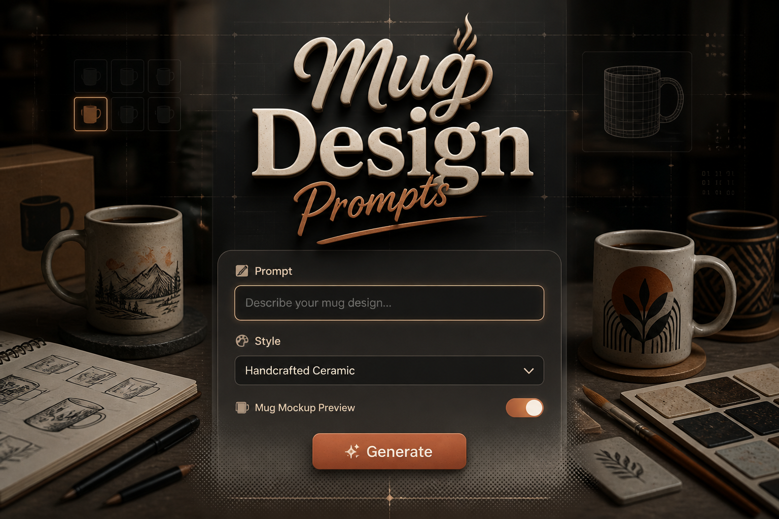 Centered hero graphic for a mug design prompts tool showing a premium UI panel with a prompt field, style dropdown, mug mockup toggle, and Generate button, fading into a desk scene with mugs, packaging, sketch tools, and ceramic samples.