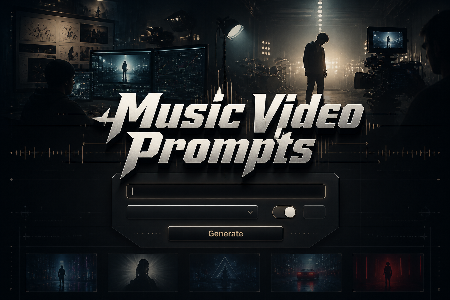 Featured hero image with "Music Video Prompts" in bold black-shadowed type above a sleek prompt tool, a song mood input, dropdown, toggle, and Generate button over a music video prompt generator UI with studio lights, cameras, and storyboards in the background.
