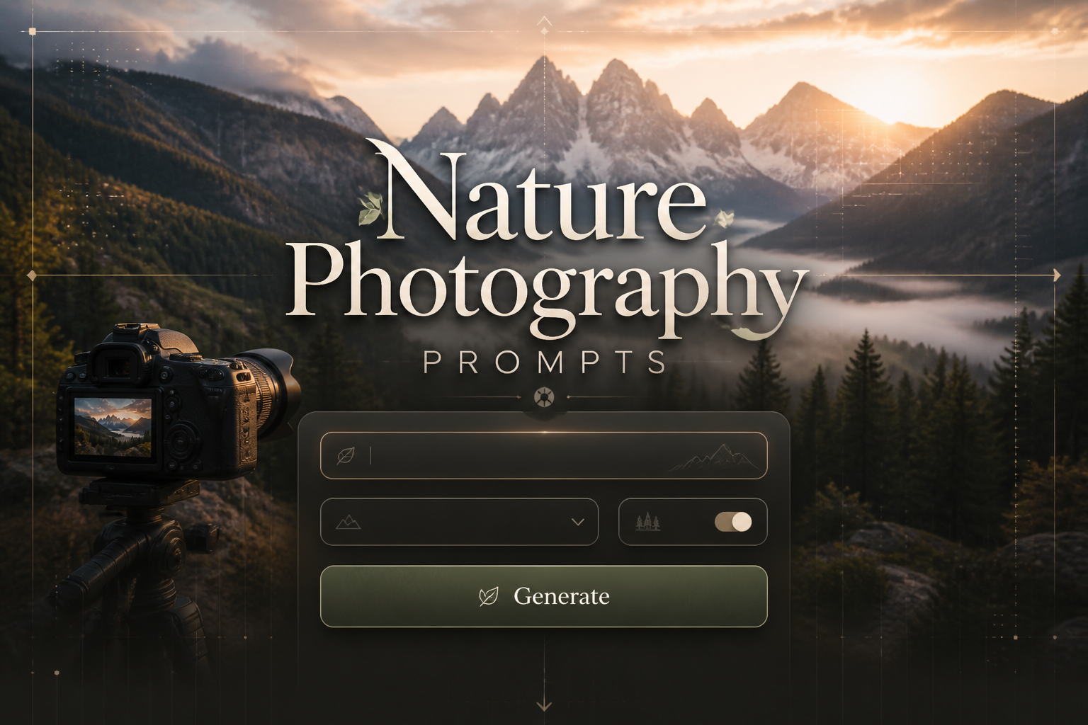 Centered hero image for a nature photography prompts tool with the title Nature Photography Prompts, a prompt input, scene type dropdown, mood toggle, and Generate button over a misty mountain camera backdrop with subtle grid details.