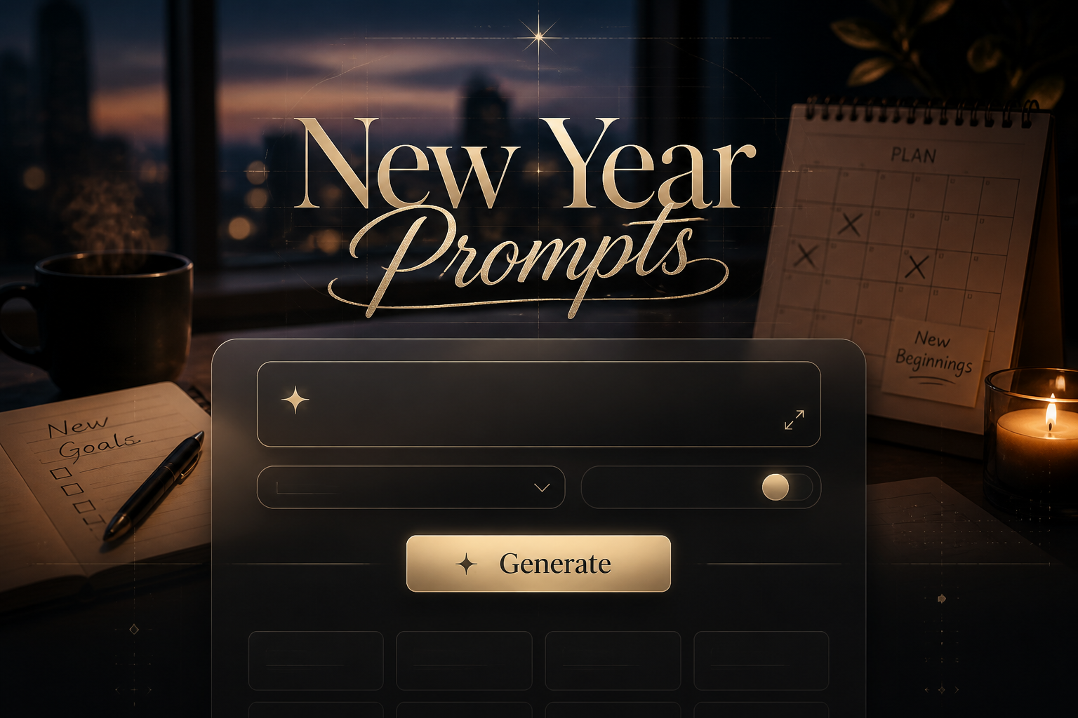 Featured hero image for New Year Prompts with a centered smart UI panel, a prominent prompt input, clean dropdown, toggle, and Generate button over a high-contrast New Year planning scene, ideal for new year prompt ideas and holiday planning prompts.