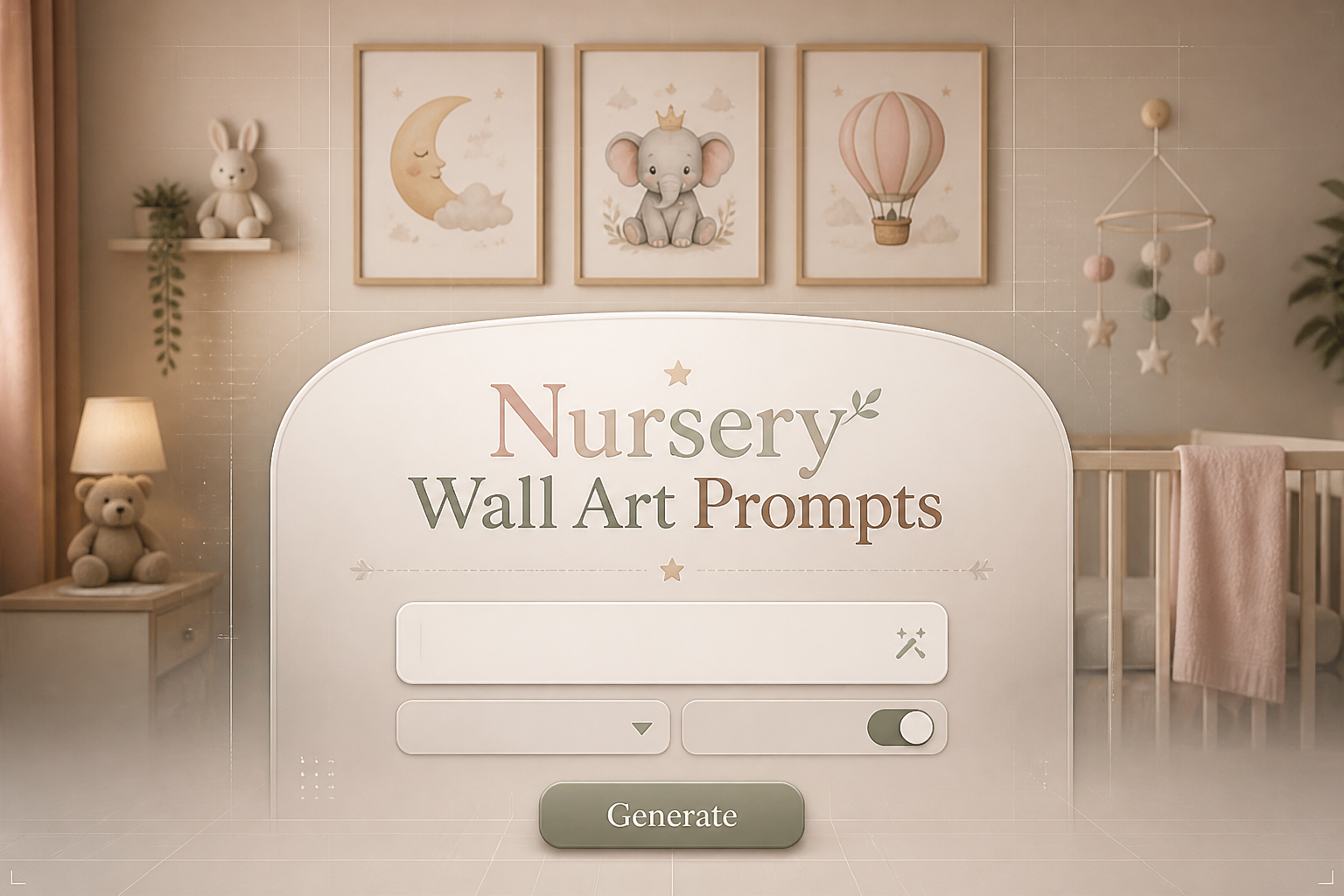 Premium nursery wall art prompts hero image with soft nursery decor, framed wall art, and a centered interface panel showing one prompt field, dropdown, toggle, and Generate button in warm pastel tones for nursery wall decor inspiration