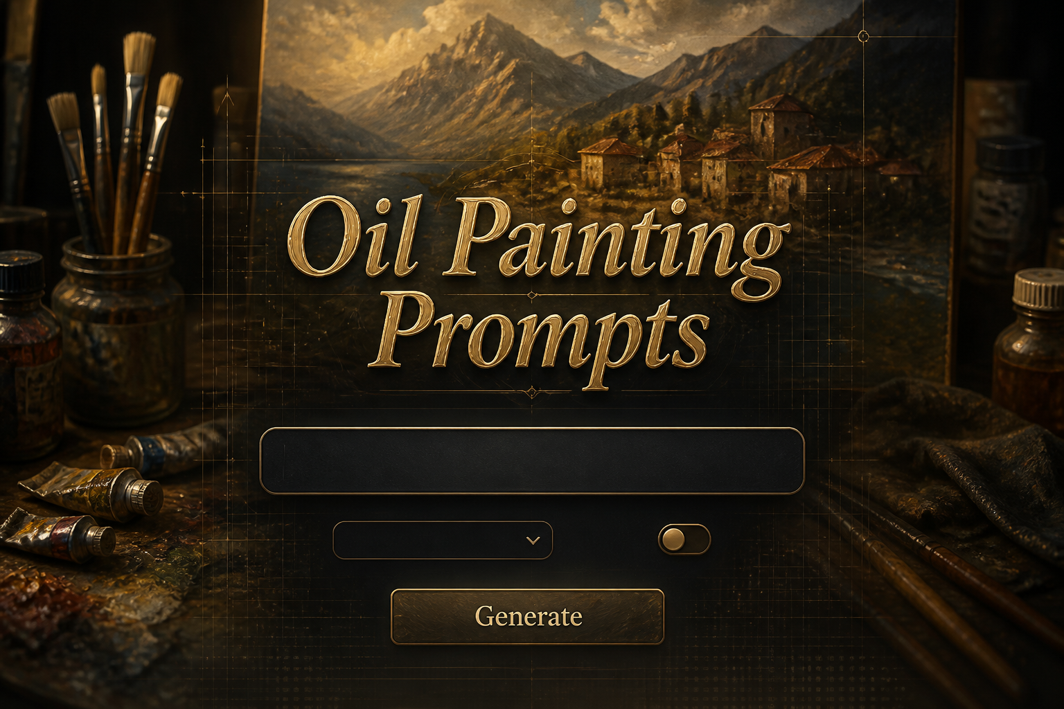 Centered hero image with "Oil Painting Prompts" over a sleek prompt tool panel, one input field, a blank dropdown, a small toggle, and a Generate button, set against a realistic artist workspace with brushes, paint tubes, canvas texture, and a finished oil painting scene.