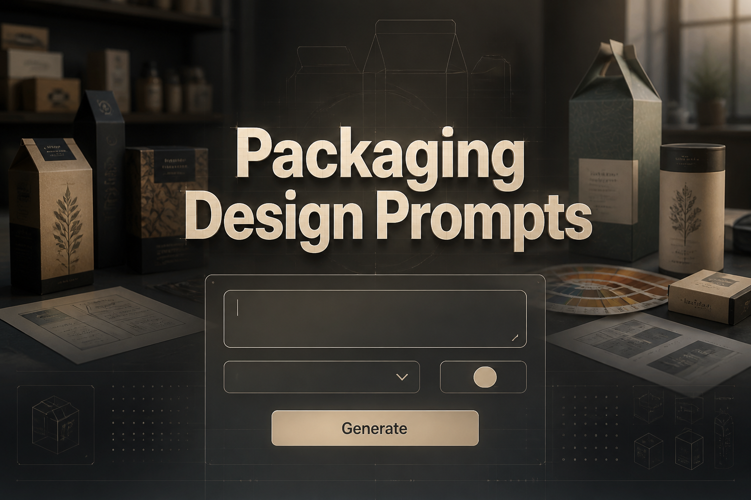 Centered hero graphic for a packaging design prompts tool with the title Packaging Design Prompts, a prompt input, dropdown, toggle, and Generate button, set over a premium packaging mockup studio scene for packaging design prompt ideas and packaging design prompt generator.