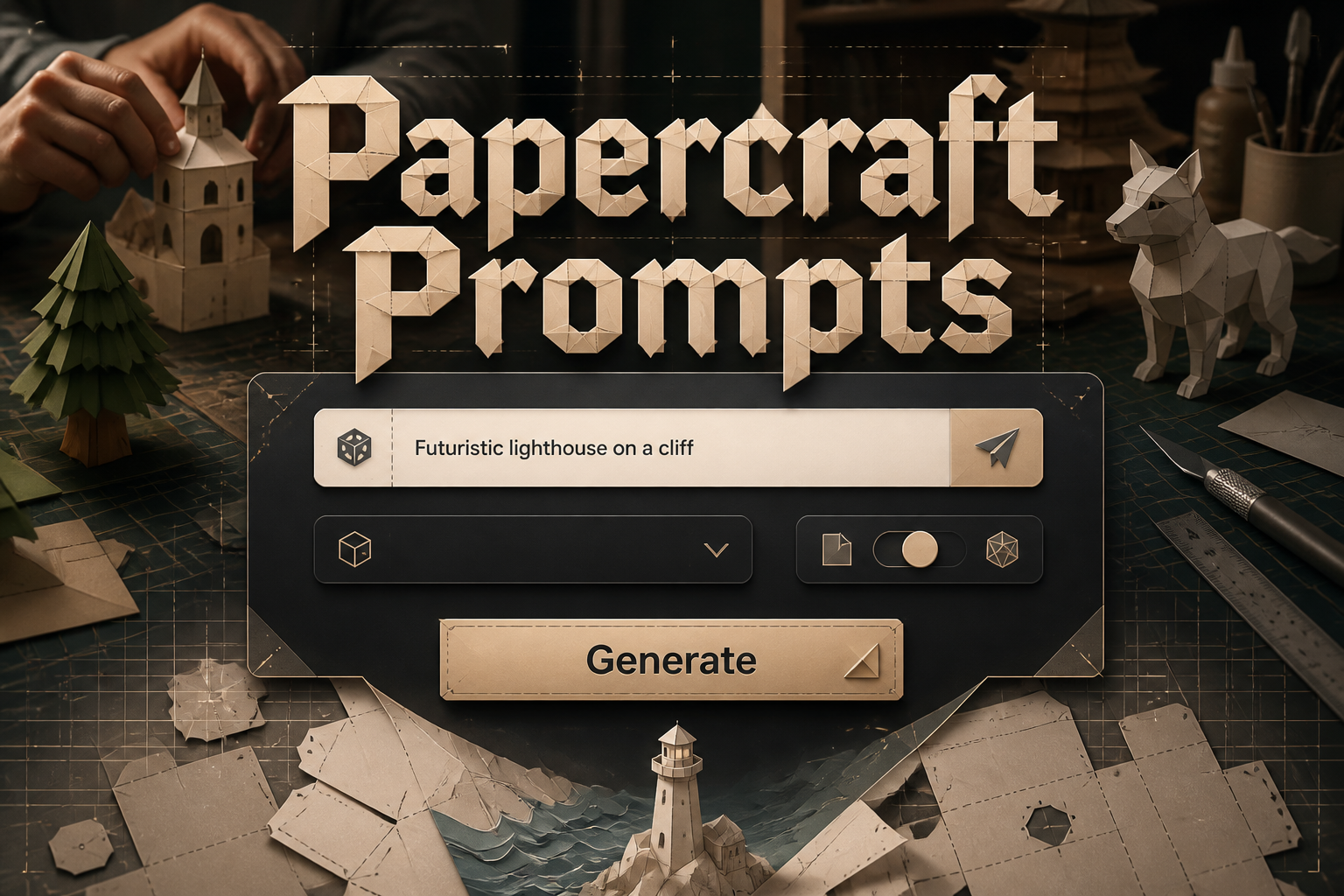 Centered hero graphic for Papercraft Prompts showing a refined papercraft prompts tool UI with one prompt field, dropdown, toggle, and Generate button, over a craft desk scene of hands arranging paper models and folded templates.