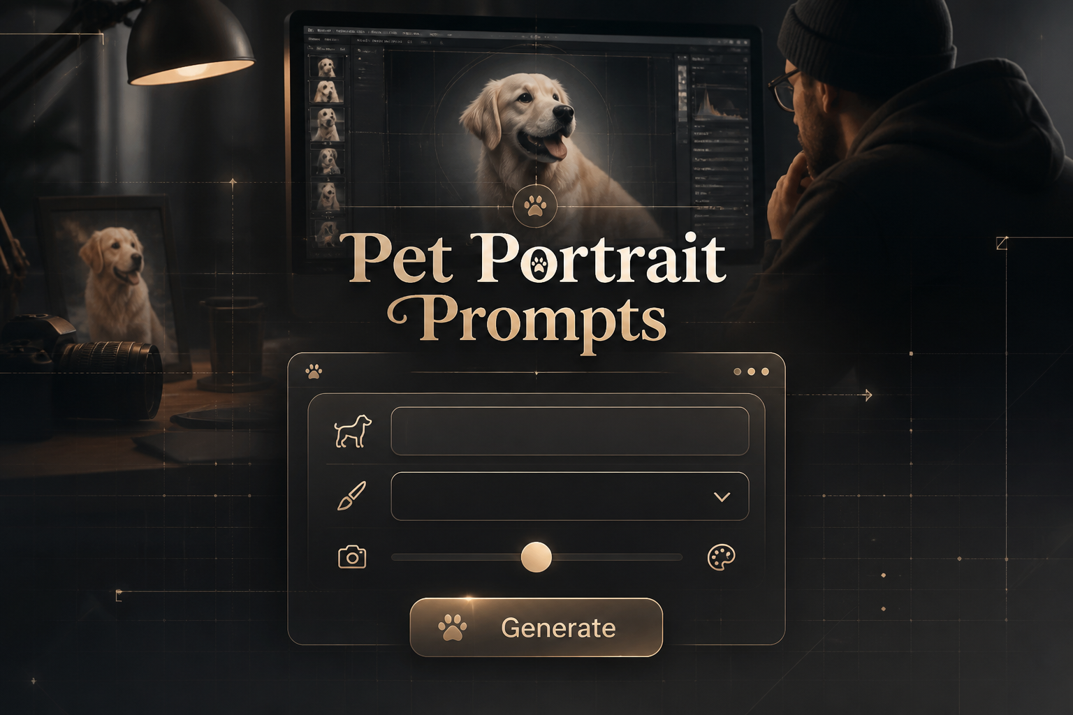 Centered hero UI for a pet portrait prompts tool with the title Pet Portrait Prompts, a pet type input, style dropdown, realism toggle, and Generate button over a refined editor scene for AI pet portrait prompt generator ideas.