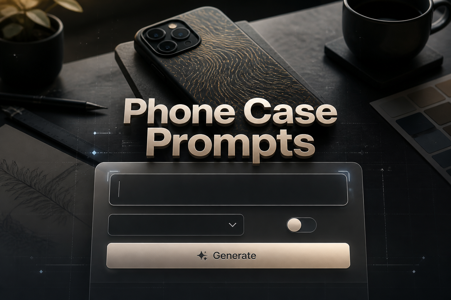 A polished hero image shows the title Phone Case Prompts over a sleek prompt-generator UI with one input field, a dropdown, a toggle, and a Generate button, set above a styled phone case mockup for phone case prompt ideas and custom phone case design prompts.