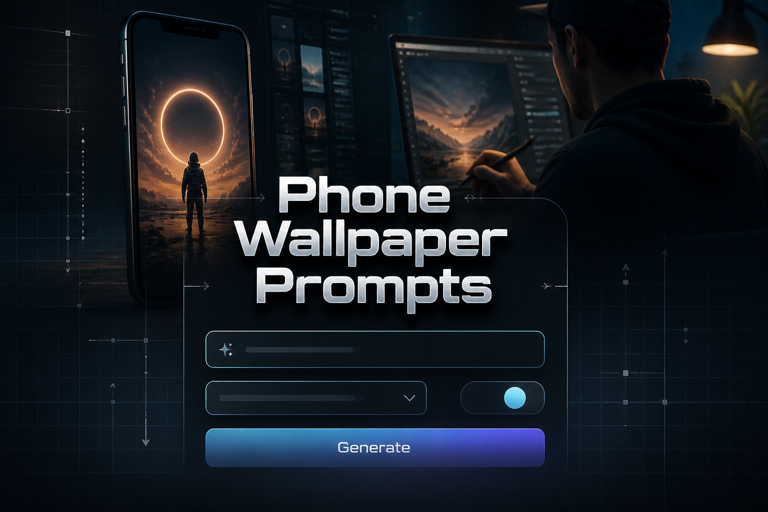 Featured hero image showing "Phone Wallpaper Prompts" in bold UI-style typography with a deep black shadow above a polished prompt input, dropdown, style toggle, and Generate button, ideal for phone wallpaper prompt generator design inspiration.