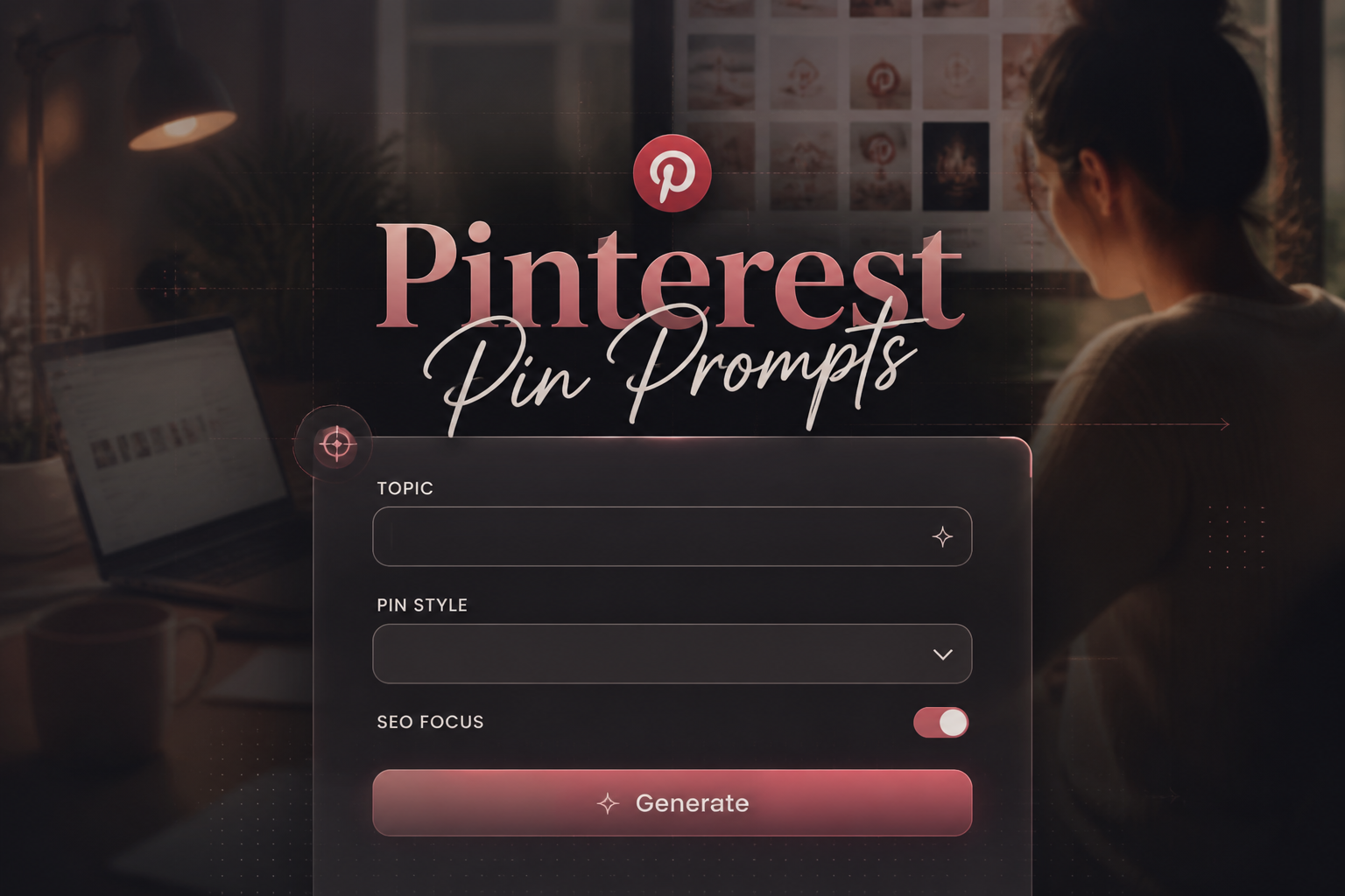 Centered Pinterest Pin Prompts hero image showing a sleek tool panel with topic field, pin style dropdown, SEO focus toggle, and Generate button, set over a creator workspace with subtle UI grids and Pinterest pin prompts generator design.