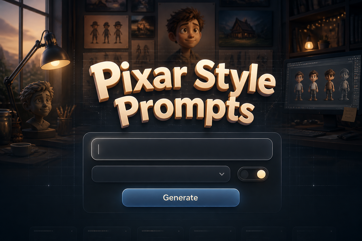 Centered hero image with "Pixar Style Prompts" in soft shadow above a sleek prompt panel, one input field, style variation dropdown, compact toggle, and Generate button, set over a cinematic creative workspace with subtle UI grid lines.