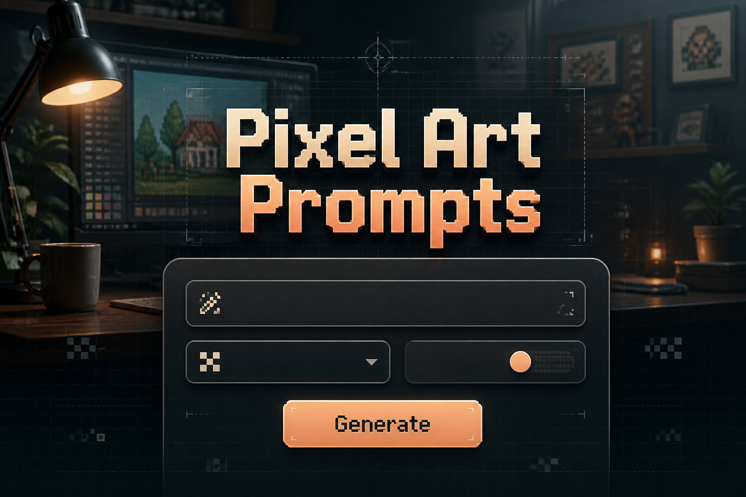 Centered hero image for Pixel Art Prompts showing a sleek pixel-art prompts tool UI with a prompt input, art style dropdown, detail toggle, and Generate button, over a designer workspace background with subtle grid accents.
