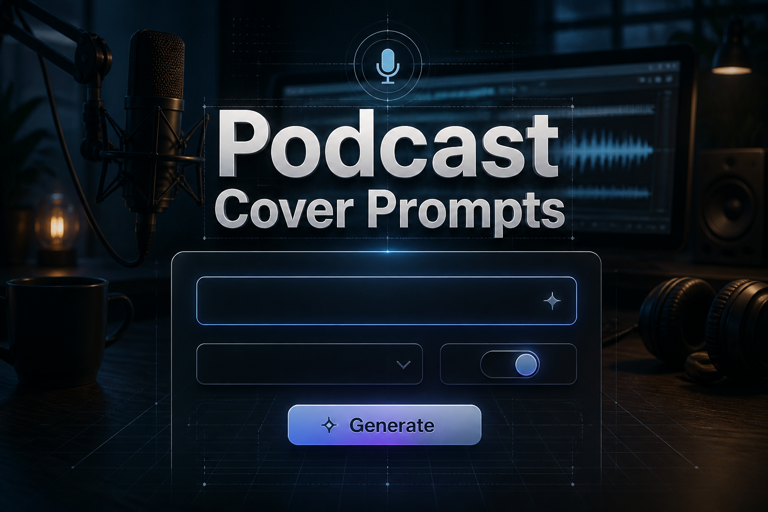 Hero image for a podcast cover prompts tool with centered UI panel, "Podcast Cover Prompts" headline, input field, cover style dropdown, mood toggle, and Generate button over a moody podcast studio background with microphones and headphones.