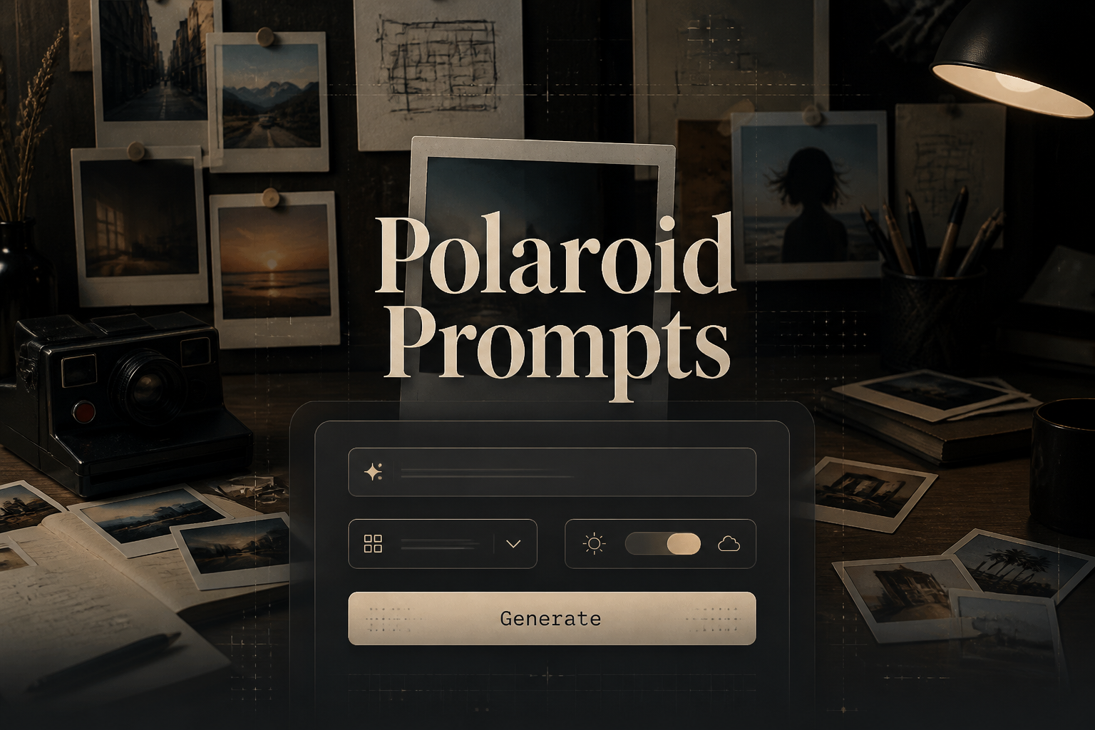 Centered hero image for Polaroid Prompts showing a refined prompt input panel with Generate button over a creative desk scene of instant photo prints and a camera, plus a polaroid prompt generator interface and instant photo prompt ideas.