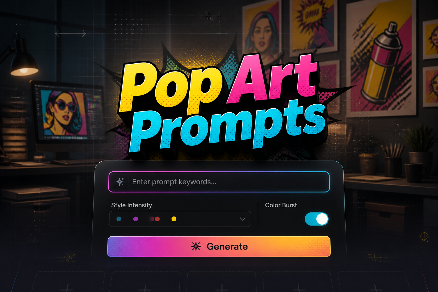Centered hero image for Pop Art Prompts showing a sleek UI panel with a prompt keywords field, style intensity dropdown, color burst toggle, and Generate button over a designer workspace with pop art posters and subtle grid details.