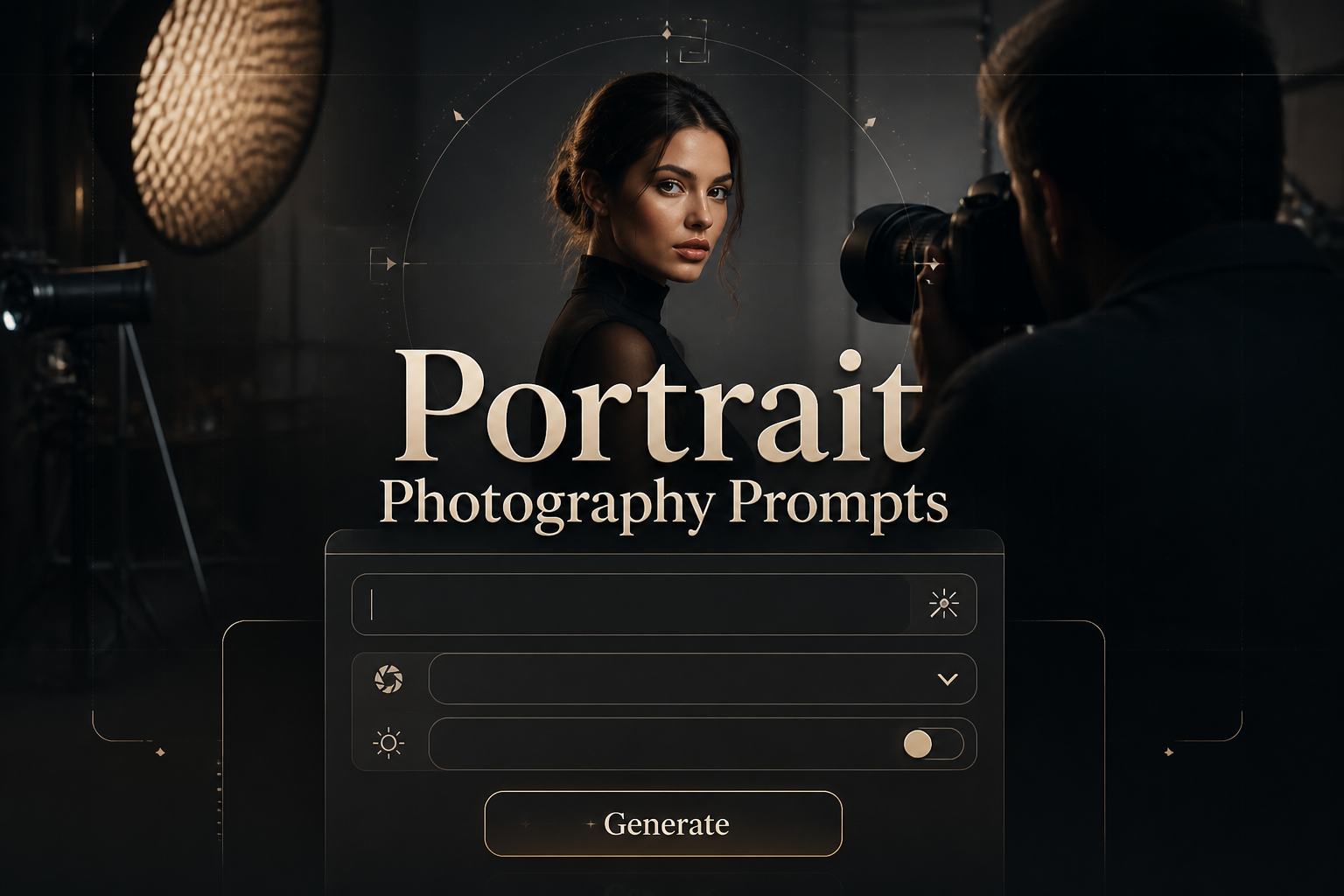 Centered hero graphic for Portrait Photography Prompts showing a refined AI tool panel with a prompt field, portrait style dropdown, lighting mood toggle, and Generate button over a high-contrast professional portrait photoshoot background.