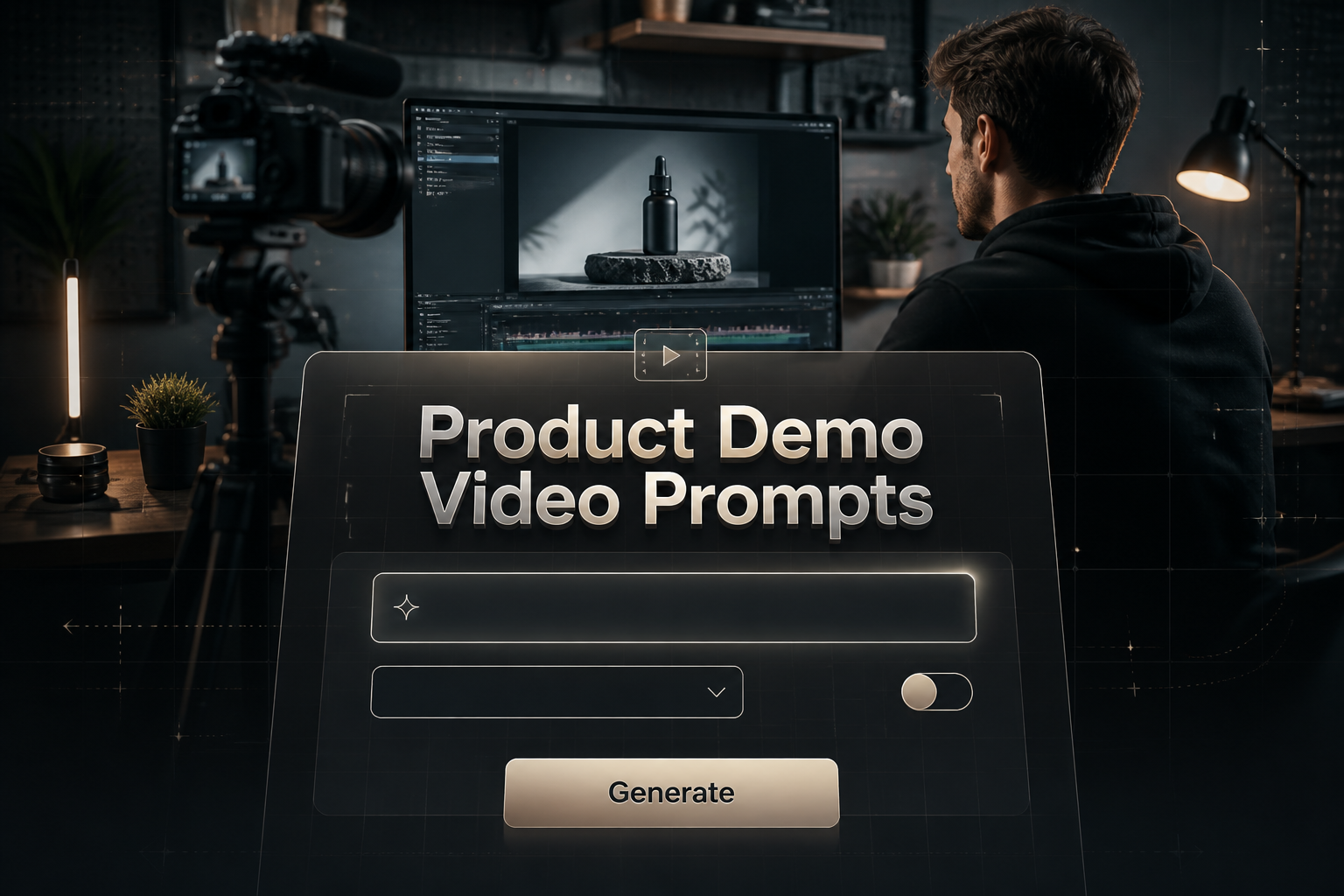 Centered hero graphic with the title Product Demo Video Prompts over a sleek UI panel, a demo video ideas prompt field, compact controls, and a Generate button, illustrating product demo video prompt generator workflow.
