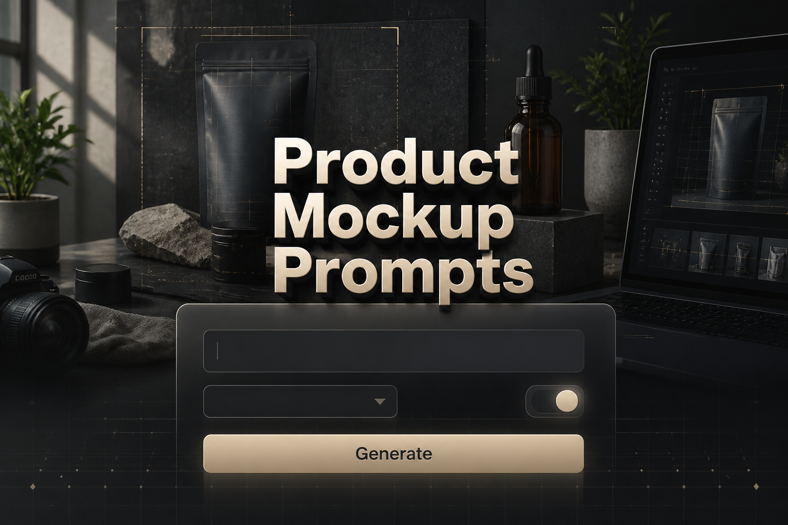 Centered hero mockup of a polished product-mockup prompts tool with "Product Mockup Prompts" in deep black shadow, a prompt idea field, blank dropdown, toggle, and Generate button over a refined grid UI and realistic product mockup background.