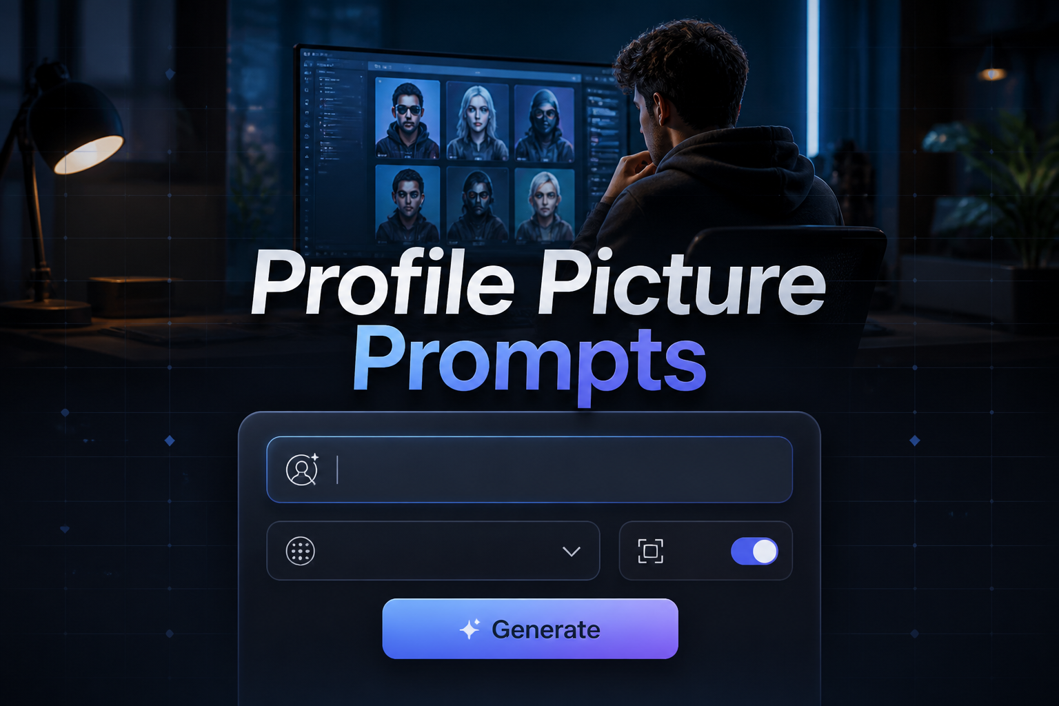 Hero graphic for Profile Picture Prompts showing a sleek centered UI panel with a profile prompt input, style dropdown, mood toggle, and Generate button over a modern desk background, ideal for profile picture prompt ideas and avatar prompt generator use.