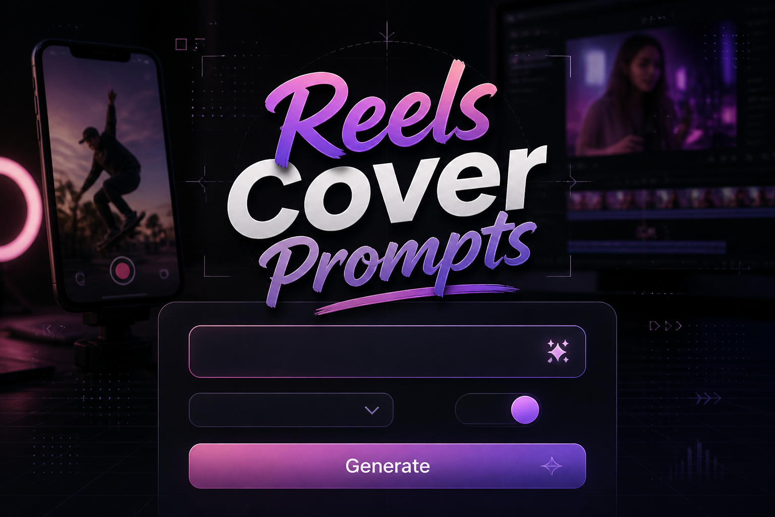 Centered hero graphic for Reels Cover Prompts with a refined input panel, one prompt field, a compact dropdown, a toggle, and a Generate button over a premium social video creation scene, ideal for reels cover prompt ideas and Instagram Reels cover design.