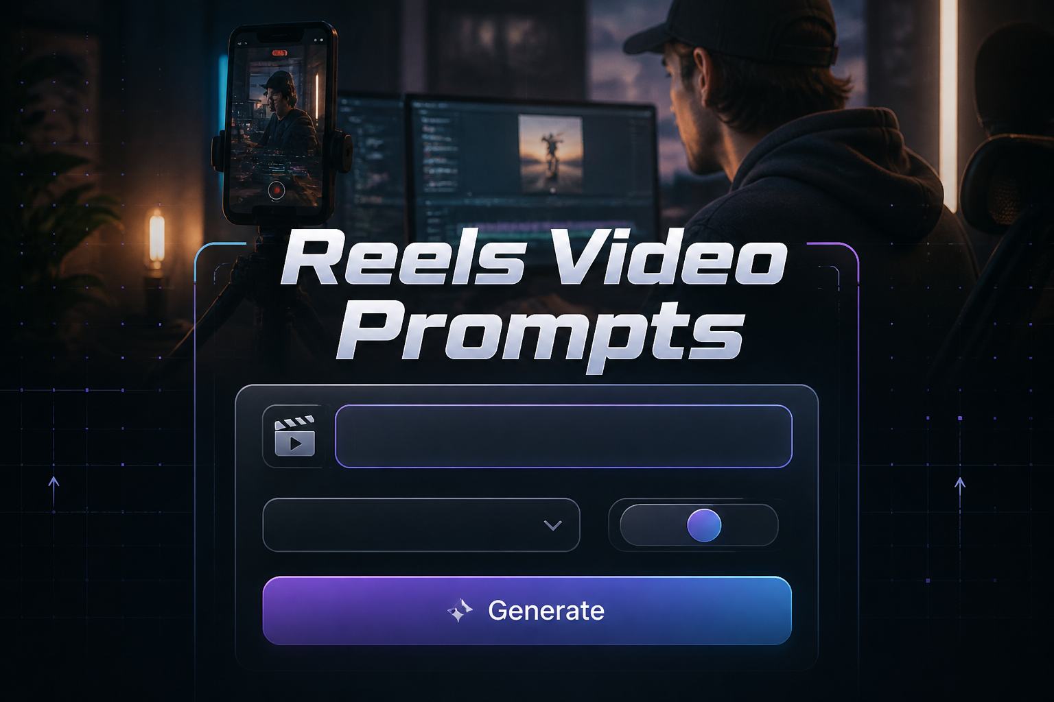 Centered hero graphic for Reels Video Prompts showing a sleek reel-creation UI with a short idea input, style dropdown, tone toggle, and Generate button, over a creator editing vertical videos with subtle grid accents.