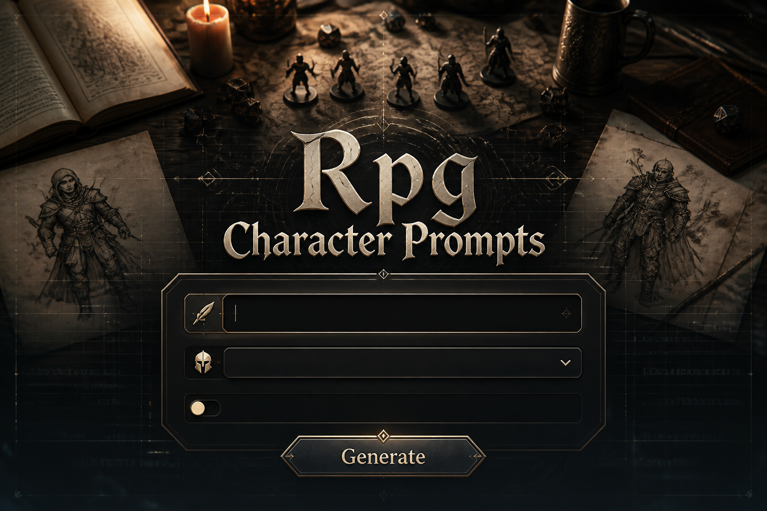 A premium hero image shows the title Rpg Character Prompts over a sleek RPG character prompt generator UI with a fantasy-style input field, class dropdown, tone toggle, and Generate button, set against a tabletop RPG character creation scene.