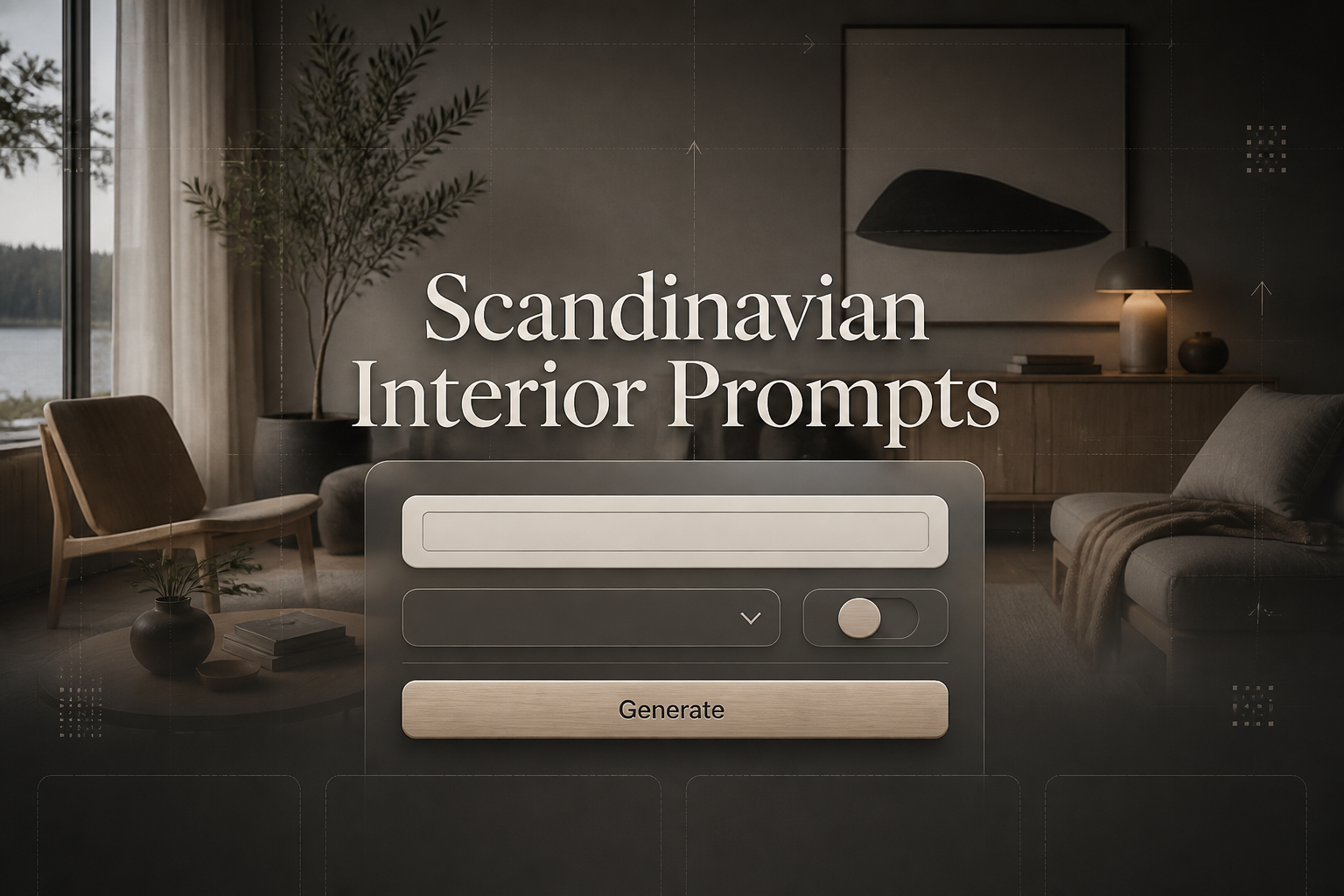 A premium Scandinavian interior prompts hero image shows a centered UI panel with a room style input field, clean dropdown, subtle toggle, and Generate button over a softly fading Scandinavian interior with sleek shadows and minimalist grid accents.