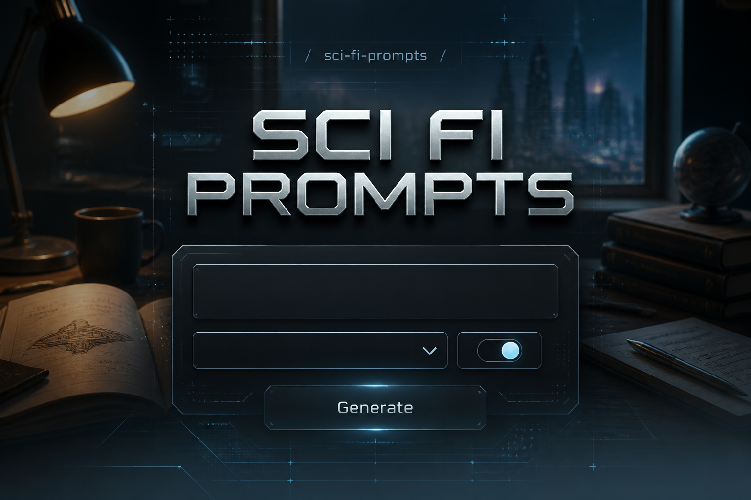 Featured sci fi prompts hero image with a centered futuristic UI panel, input field, genre dropdown, style toggle and Generate button over a writer's desk scene, ideal for sci fi story prompt generator and futuristic writing prompts.