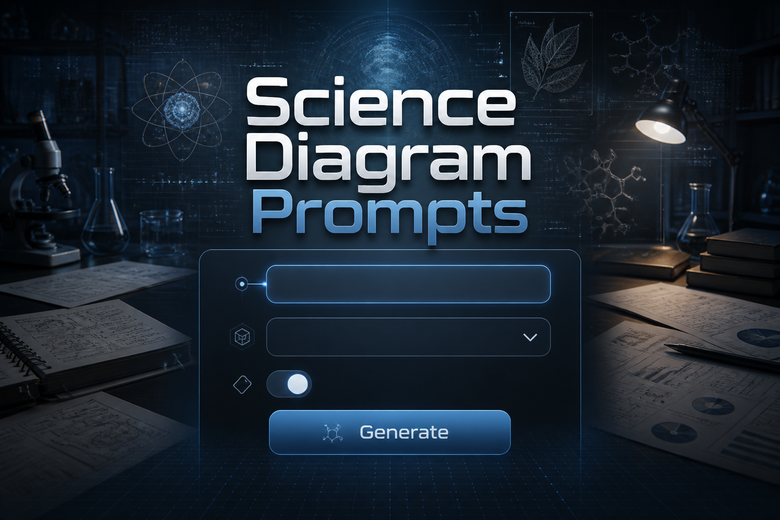 A sleek science diagram prompts hero graphic shows the title Science Diagram Prompts above a centered UI panel with a diagram topic field, style dropdown, label toggle, and Generate button over a dark science workspace with charts, sketches, and faint grid lines.