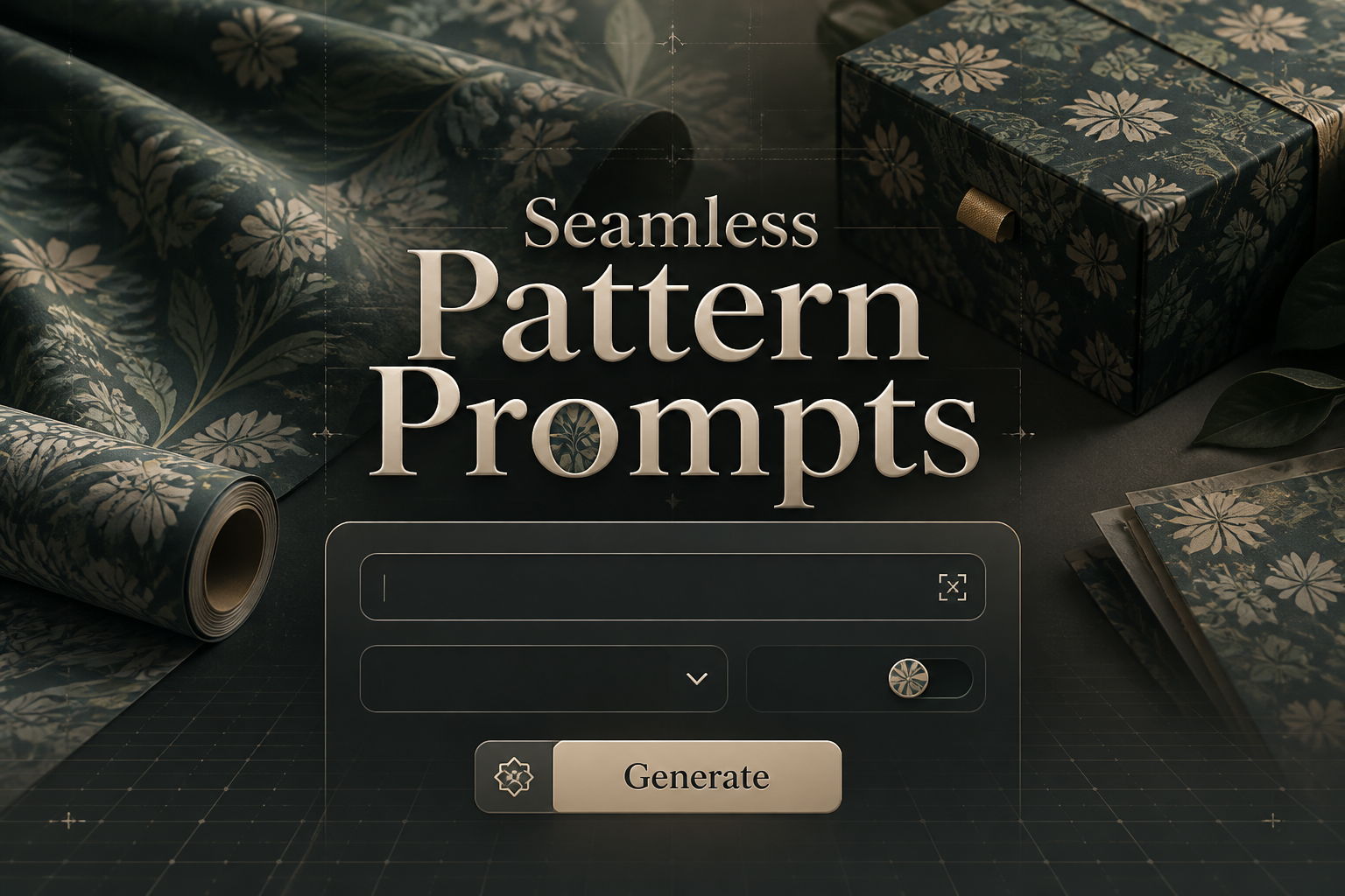 Centered hero UI for Seamless Pattern Prompts with a soft-shadow title, pattern description field, style dropdown, repeat preview toggle, and Generate button over a premium seamless pattern generator interface with fabric and wallpaper design cues.