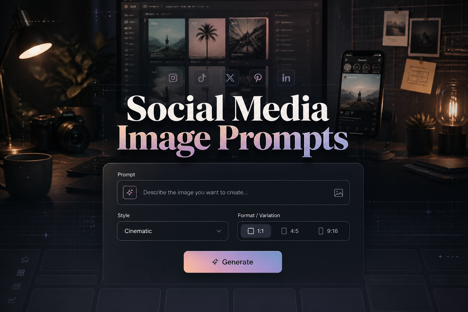 Centered sleek social media image prompts interface with the title text Social Media Image Prompts, a prompt field, style dropdown, toggle, and Generate button over a fading designer workspace and phone preview, ideal for social media content creation prompts.