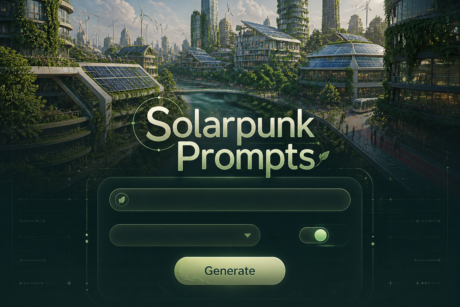 Centered featured hero image for a solarpunk prompts tool with "Solarpunk Prompts" in soft-shadowed futuristic type, a clean prompt topic field, dropdown, toggle, and Generate button over a fading backdrop of green solar cities and vertical gardens.