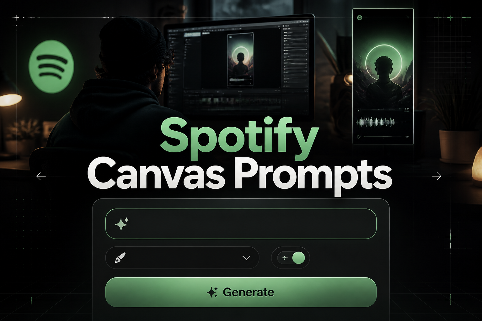 Centered hero mockup for Spotify Canvas Prompts showing a polished UI panel with a prompt idea field, canvas style dropdown, looping toggle, and Generate button, over a dramatic short-form music visual background with subtle grid details.