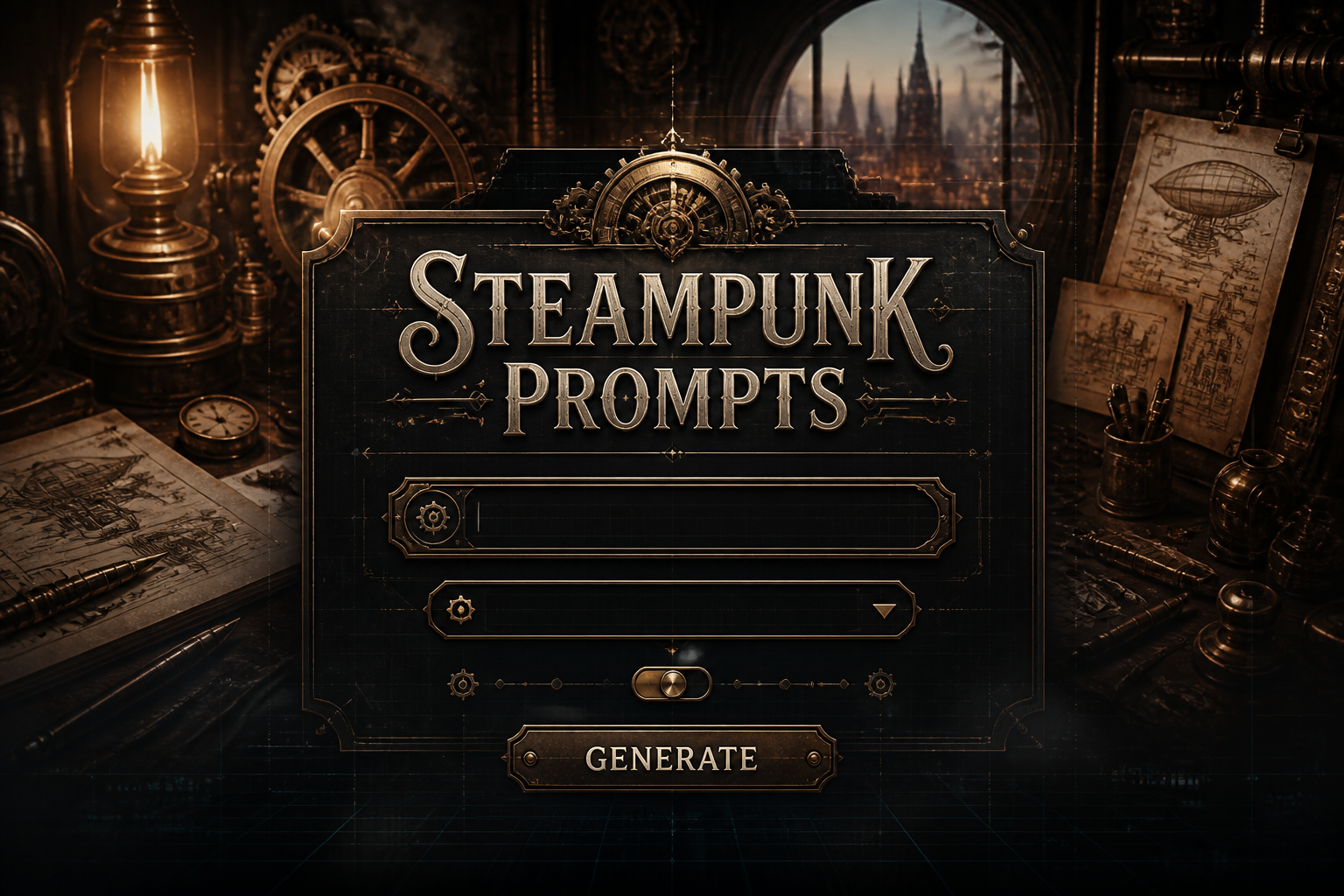 Steampunk Prompts headline over a refined steampunk UI panel with input field, era dropdown, mechanical detail toggle, and Generate button, set in a cinematic brass workshop for steampunk prompt generator ideas and steampunk prompt design.