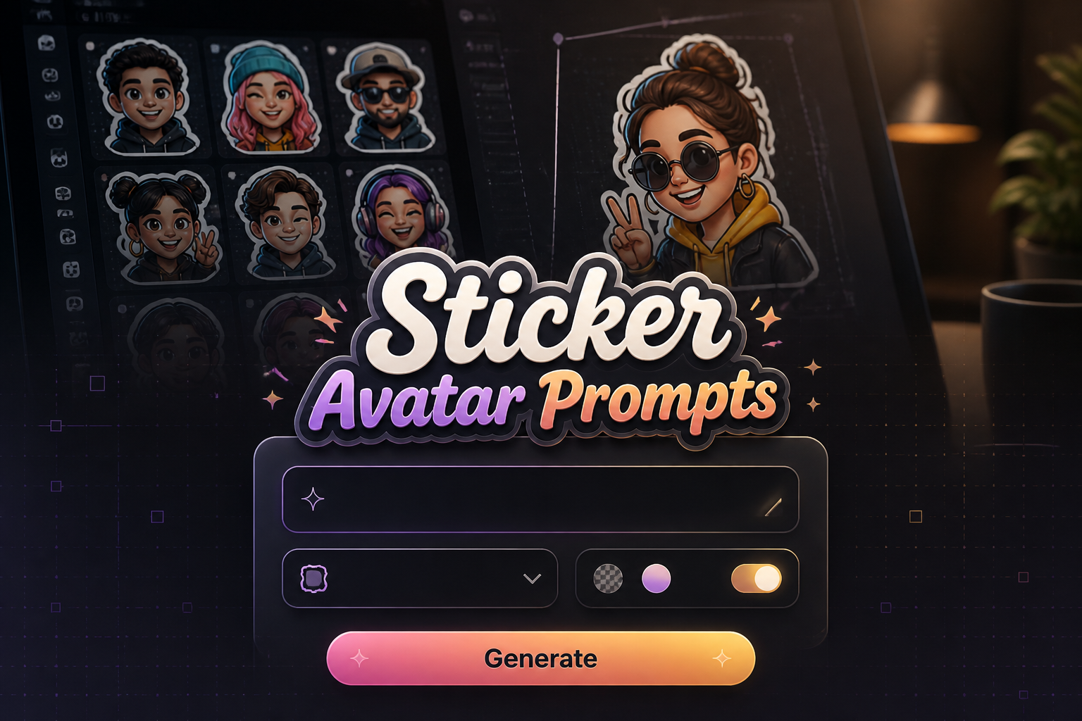 Centered premium hero UI for Sticker Avatar Prompts with a softly shadowed title, one avatar style prompt field, a sticker format dropdown, a background toggle, and a Generate button, over a polished screen of playful digital sticker avatars.