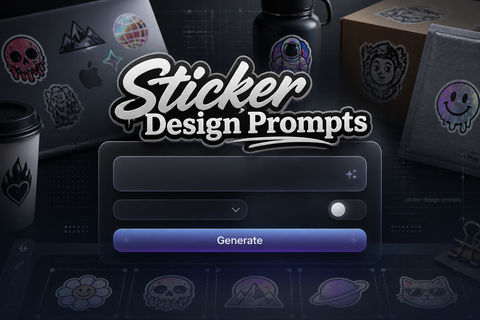 Centered hero graphic for a sticker design prompts tool with the title Sticker Design Prompts, a prompt input, style selector, toggle, and Generate button over a sleek sticker concept generator UI, ideal for sticker design prompt ideas and custom sticker prompt templates.