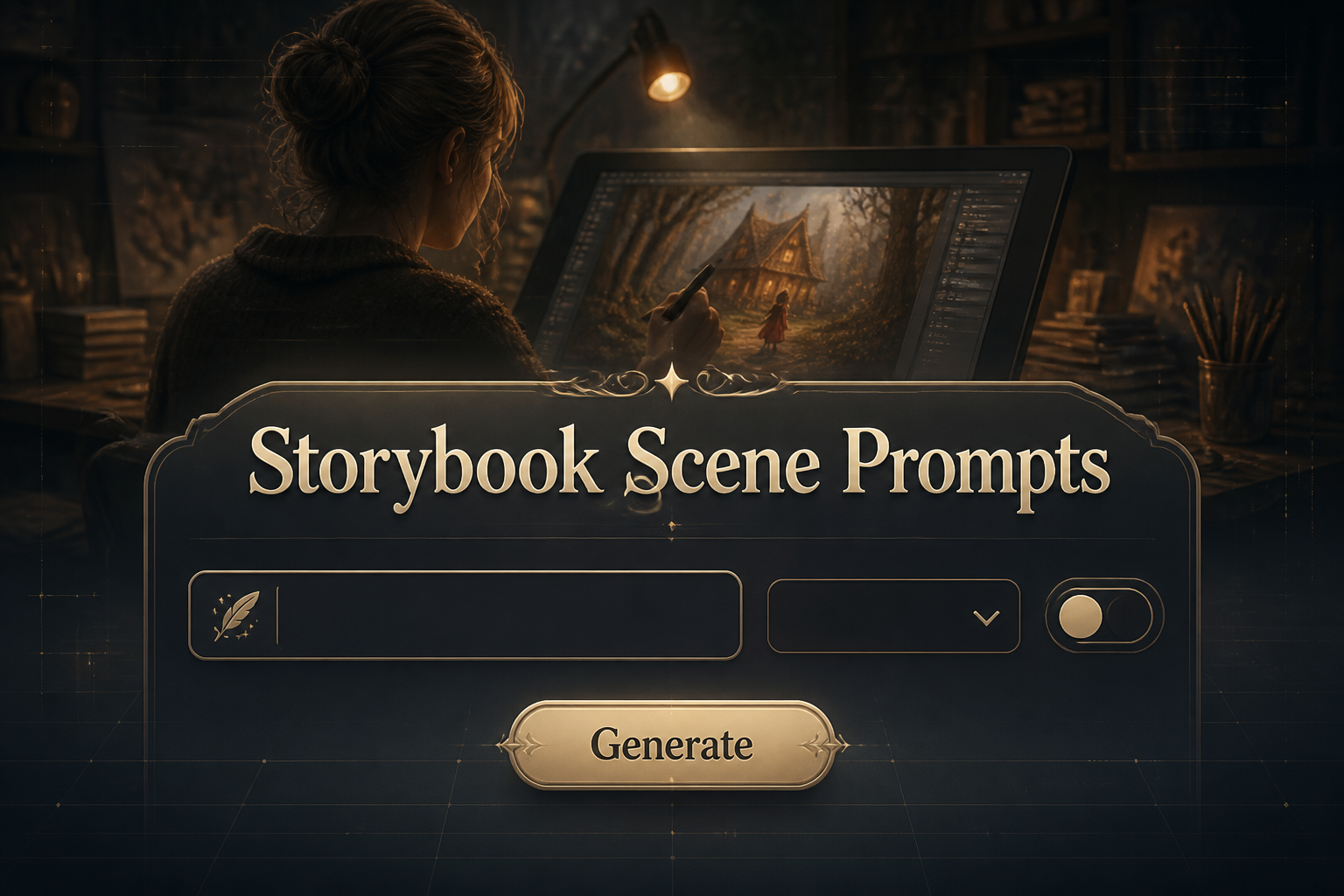 Centered hero graphic for a storybook scene prompts tool, with the title Storybook Scene Prompts in elegant shadowed typography above a refined prompt panel, scene mood dropdown, illustration style toggle, and Generate button over a soft illustrator-at-work background.
