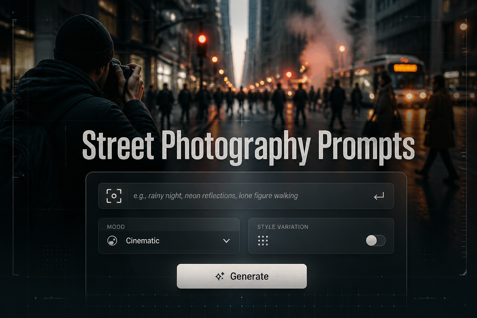 Street Photography Prompts hero image with a centered smart UI panel showing a prompt field, mood dropdown, style toggle, and Generate button over a moody city street scene with a photographer, candid motion, and subtle grid accents.