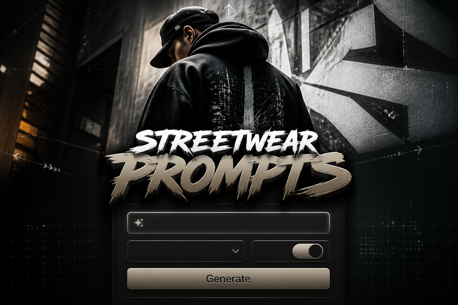 Centered hero graphic for Streetwear Prompts with bold black-shadow title, a sleek streetwear prompt generator UI, one prompt field, blank dropdown and toggle, Generate button, and a moody urban streetwear scene with subtle grid lines.