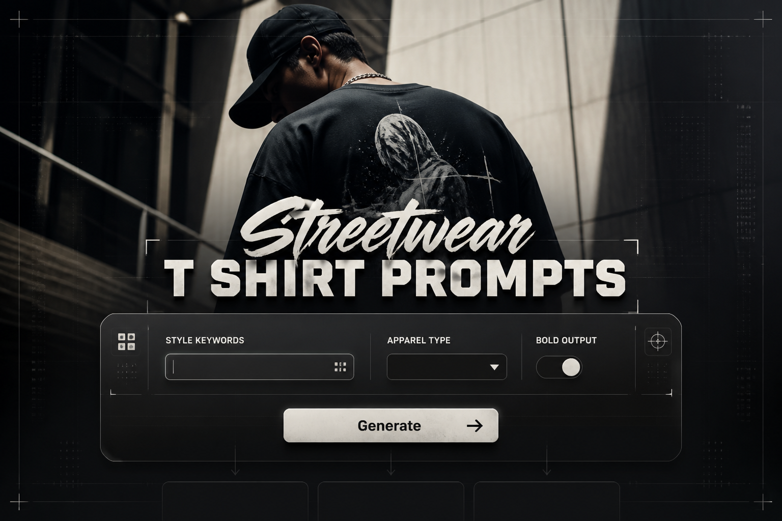 Centered streetwear tool hero image with the title Streetwear T Shirt Prompts, a refined UI panel showing style keywords, apparel type dropdown, bold or minimal toggle, and a Generate button over a premium urban model background, ideal for streetwear t shirt prompts and t shirt prompt generator.