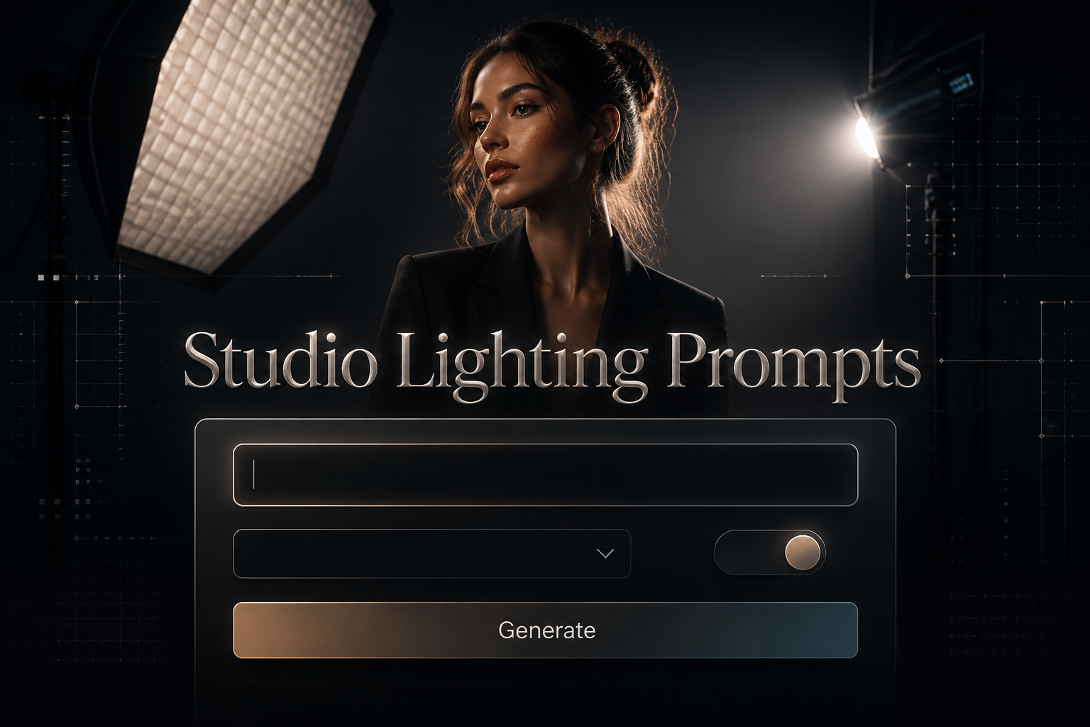 Centered Studio Lighting Prompts hero image with a sleek prompt tool panel, one lighting prompt input, blank dropdown and toggle, Generate button, and a softly shadowed title over a studio portrait lit by softbox and rim lights.