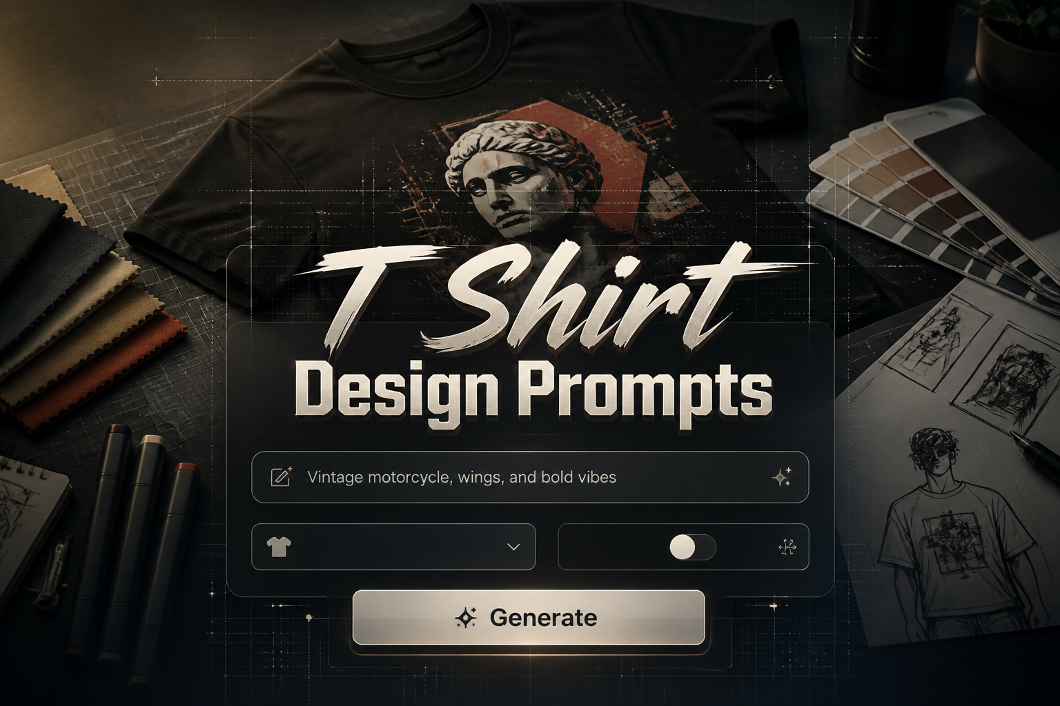 Centered hero image with "T Shirt Design Prompts" in refined UI typography above a prompt field, style dropdown, toggle, and Generate button, over a designer workspace with fabric swatches, sketch markers, and t-shirt mockup for t shirt design prompt ideas and t-shirt design prompt generator use.