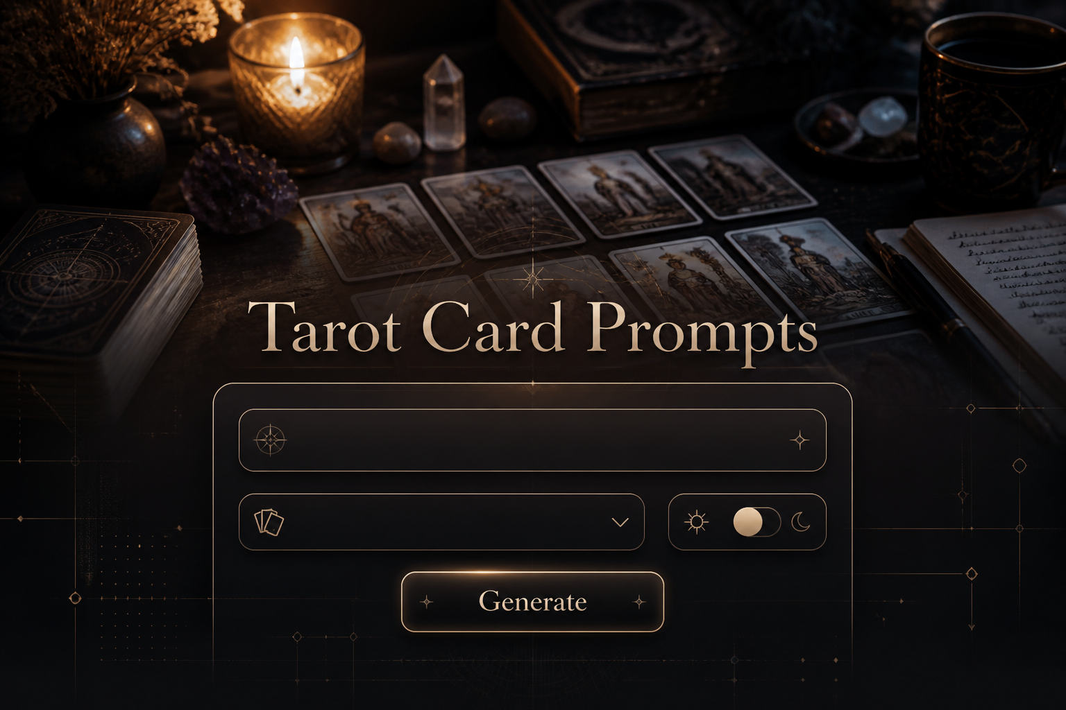 Centered hero graphic with "Tarot Card Prompts" over a mystical tarot reading desk, showing a tarot prompt idea field, card spread dropdown, tone toggle, and Generate button in a polished tarot card prompts tool interface.